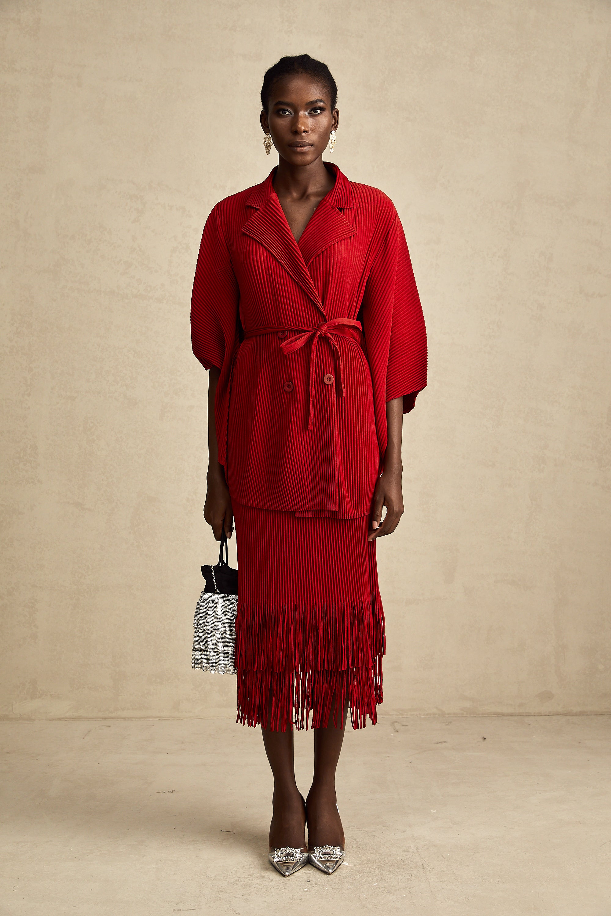 Cyrielle red pleated jacket & skirt matching set