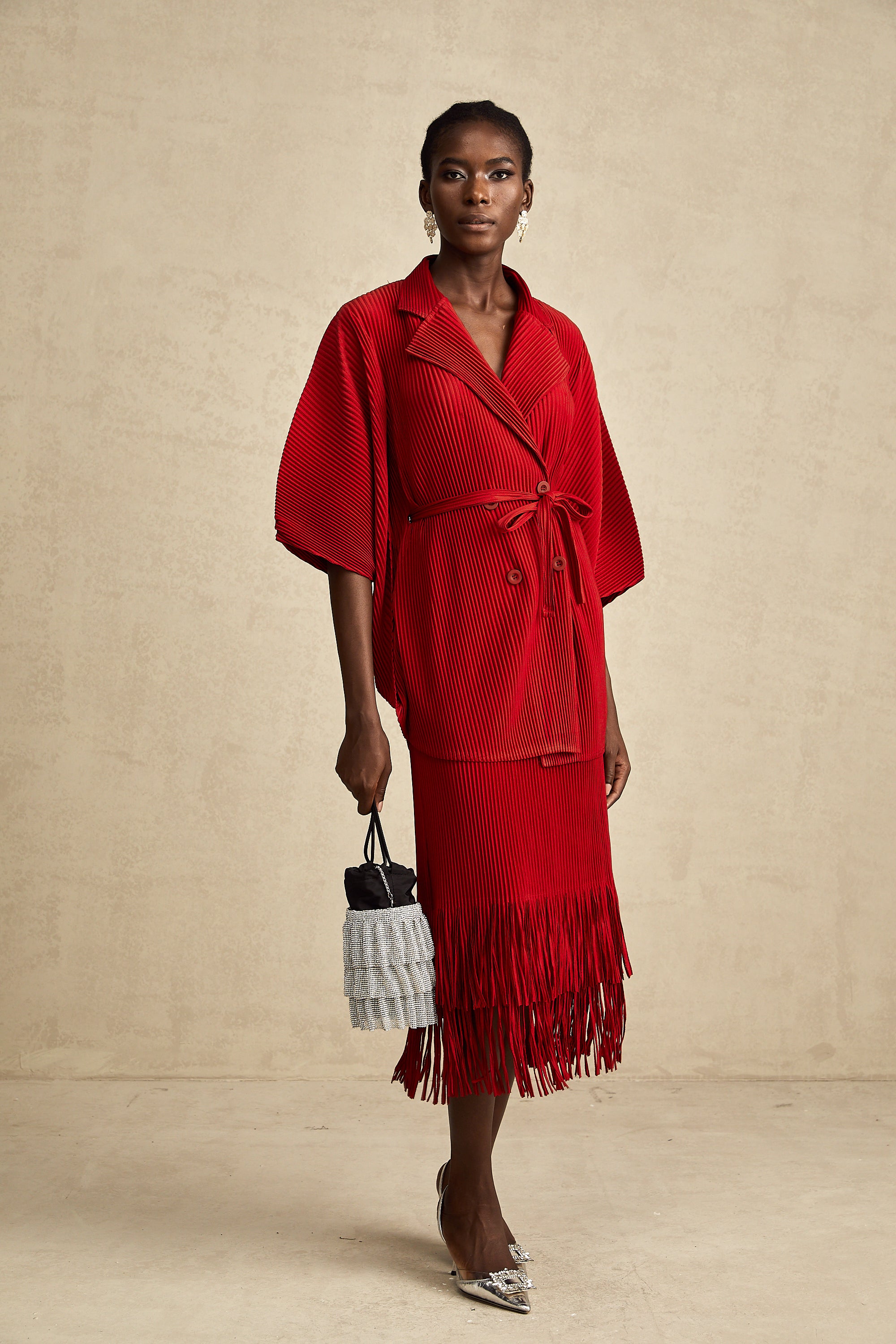 Cyrielle red pleated jacket & skirt matching set