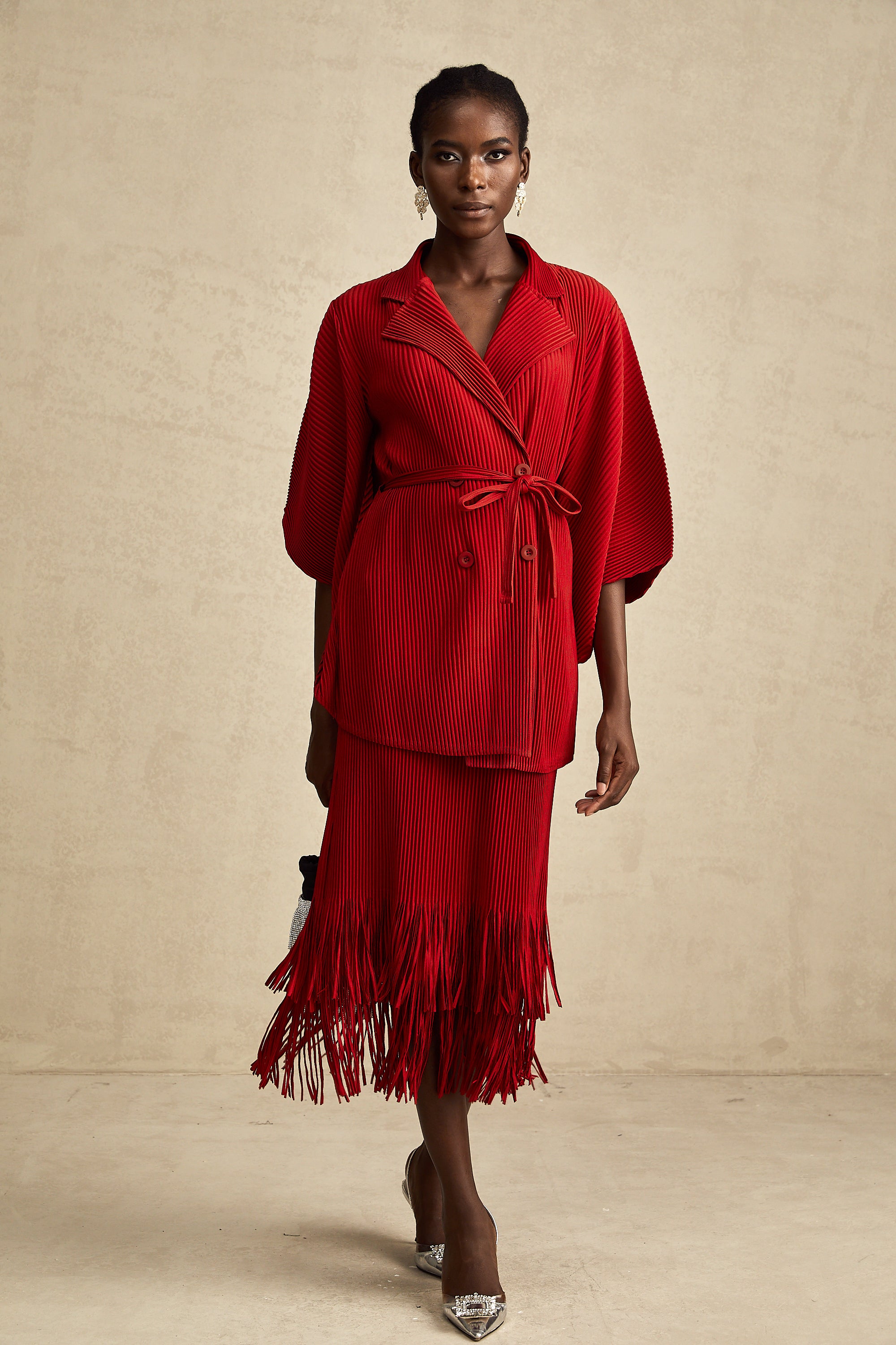 Cyrielle red pleated jacket & skirt matching set