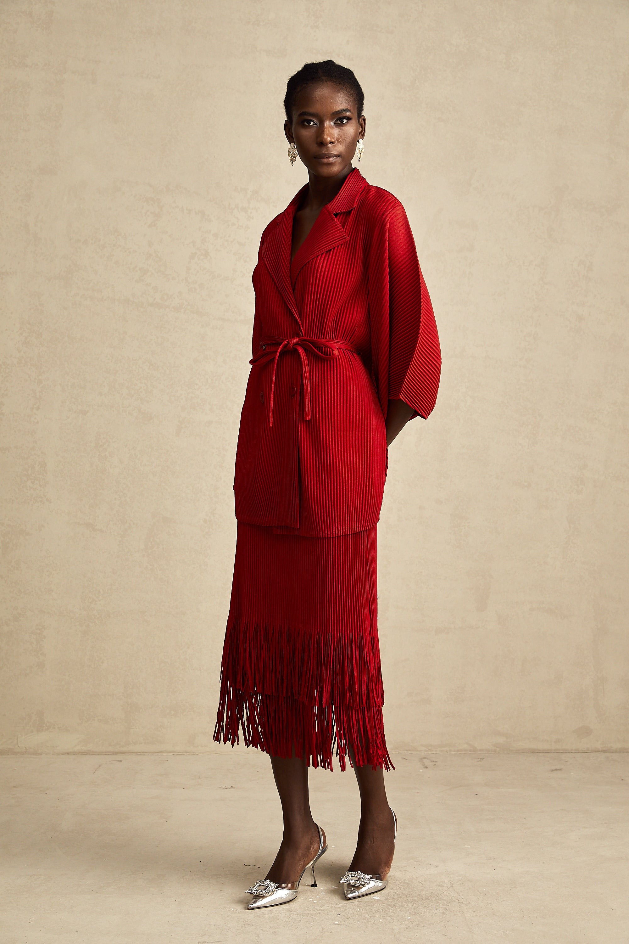 Cyrielle red pleated jacket & skirt matching set