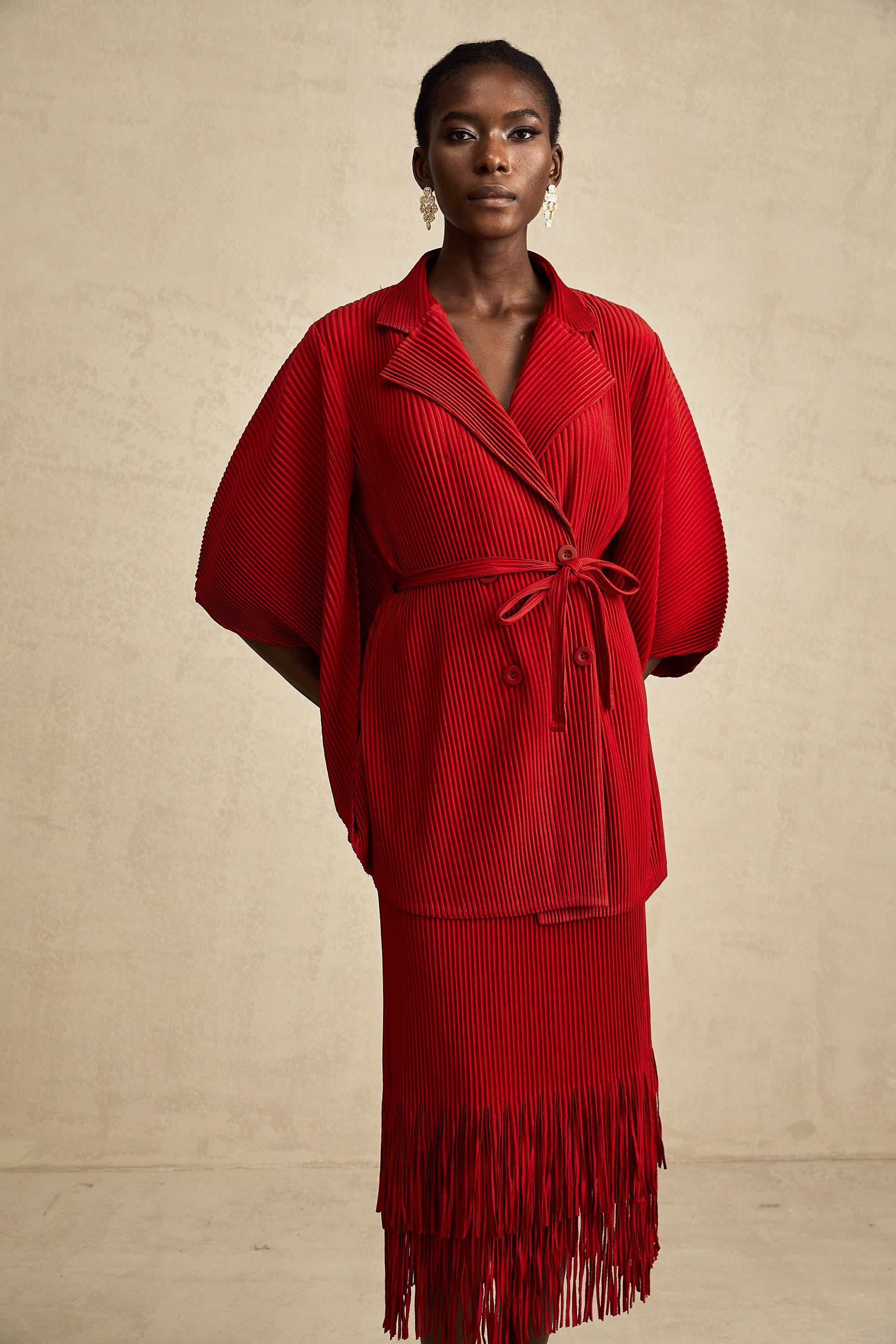 Cyrielle red pleated jacket & skirt matching set