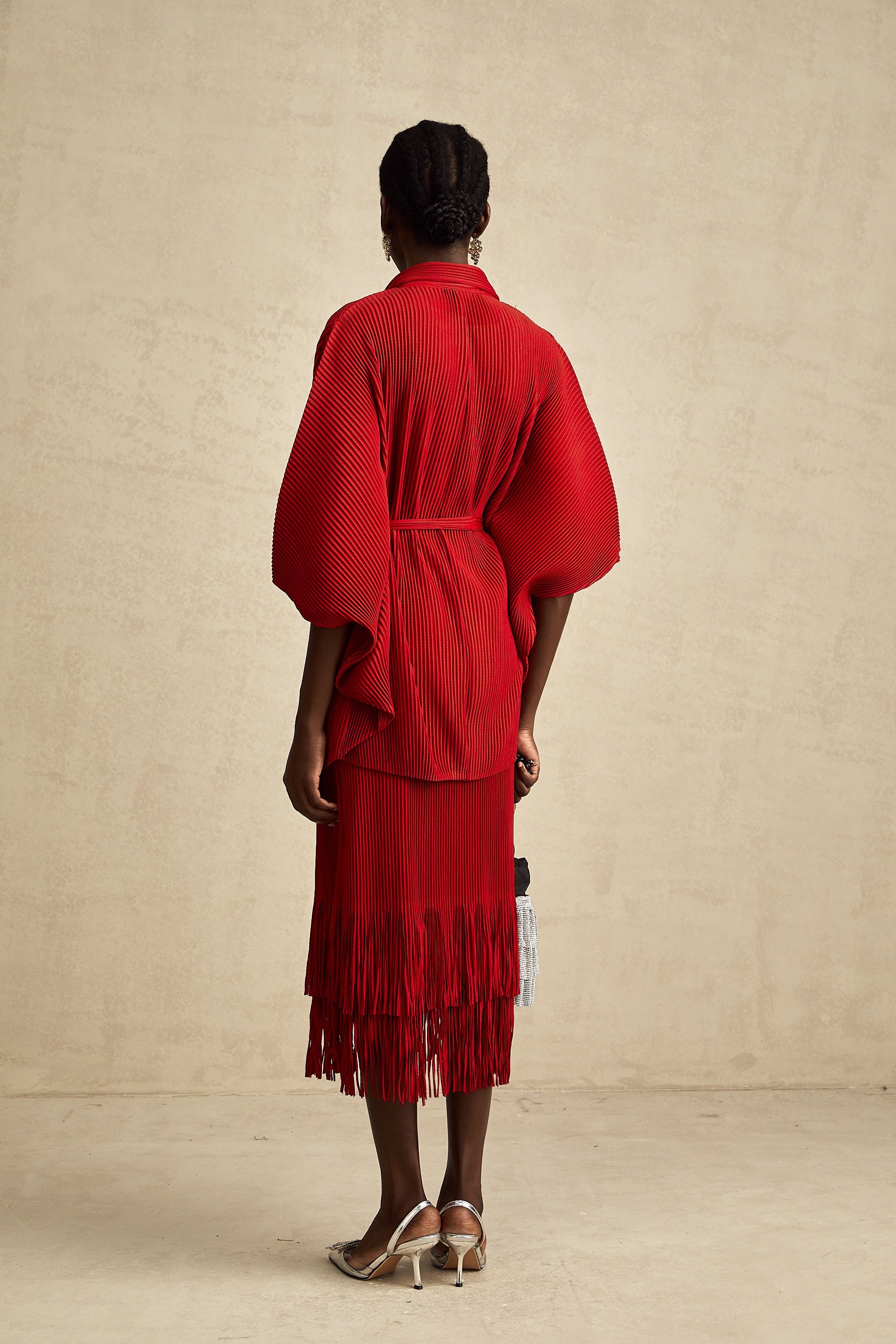 Cyrielle red pleated jacket & skirt matching set