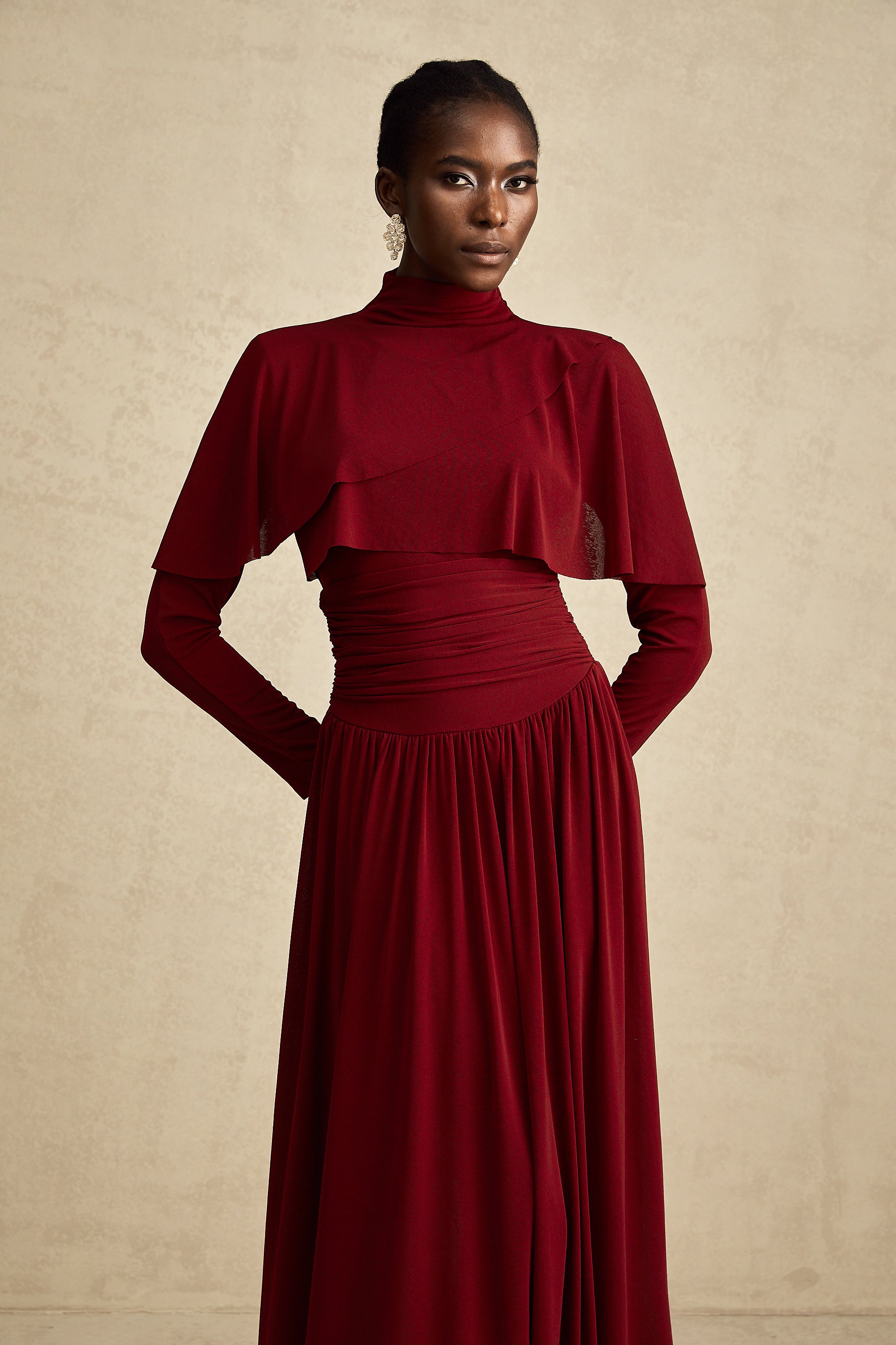 Camille red flap-designed ruched midi dress