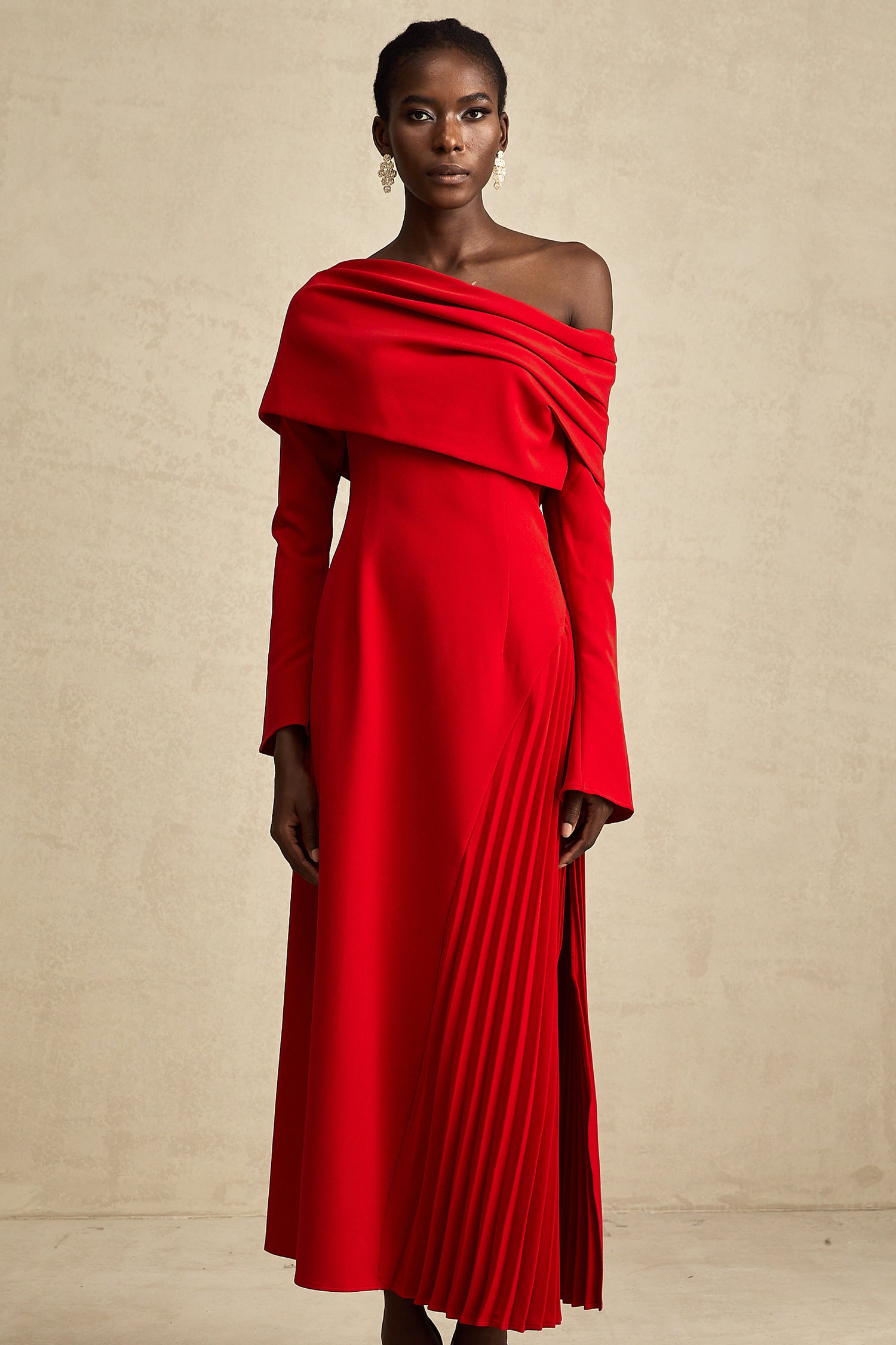 Romantic Red Pleated Wrap Maxi Dress