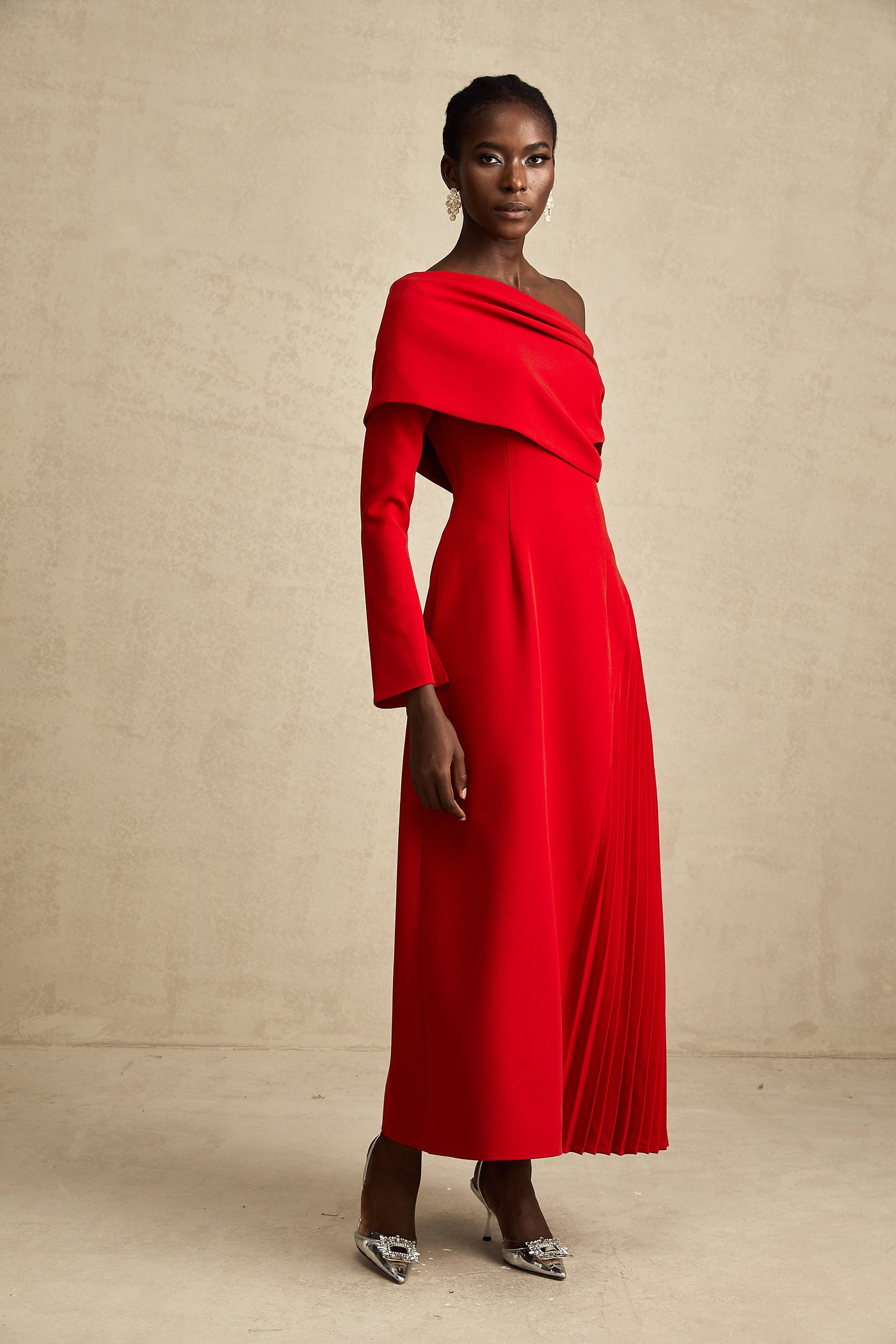 V Pleated Red Maxi Dress