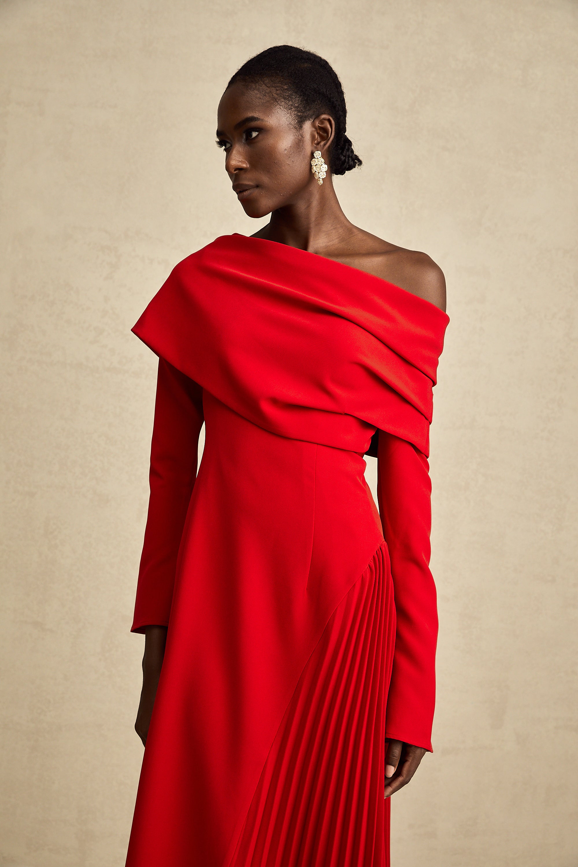 Valentine red high-slit pleated maxi dress