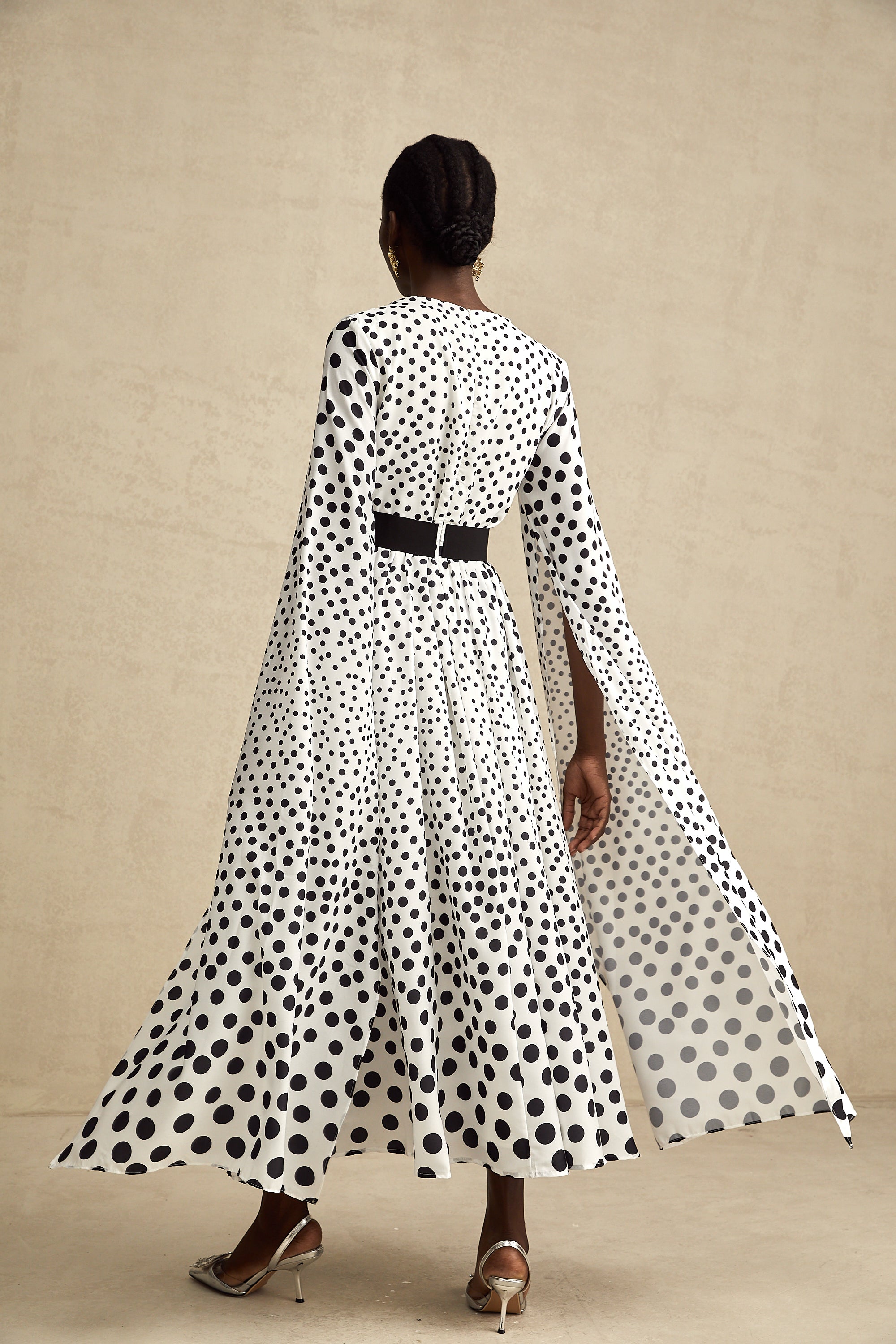 Brigitte white polka-dot slit-sleeve midi dress