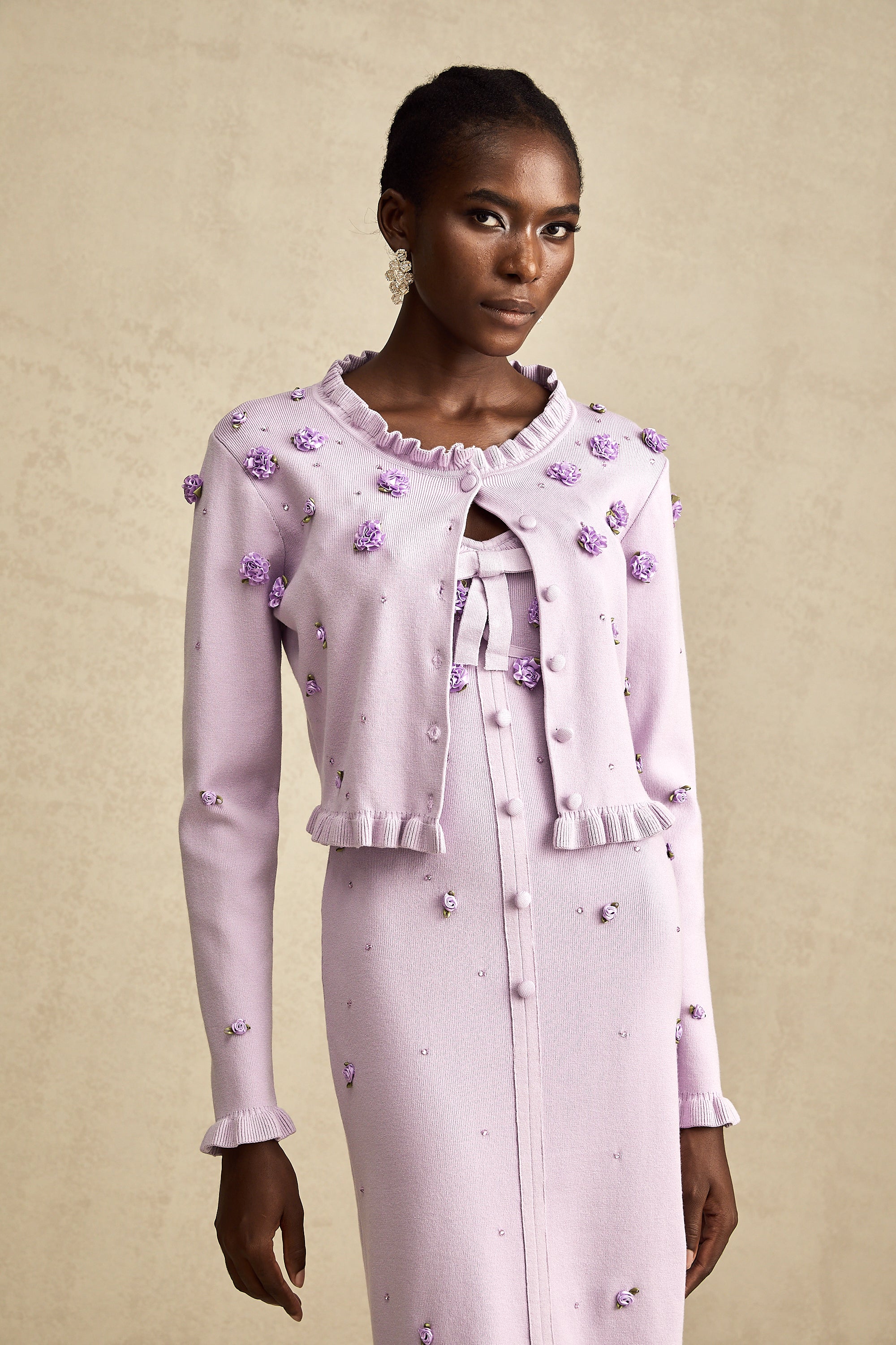 Estelle purple faux-flower knitted cardigan & dress matching set