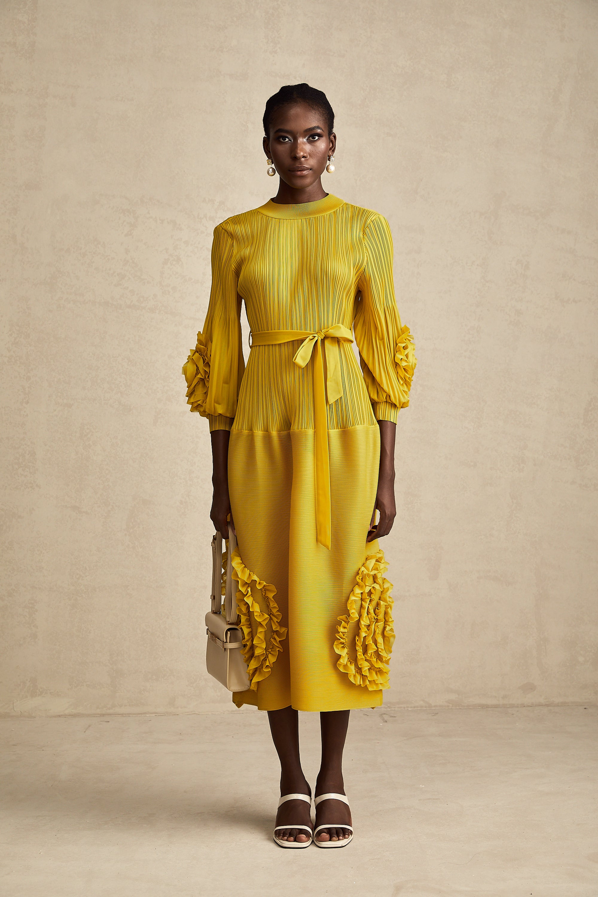 Aïda yellow 3d-petal ruffled midi dress