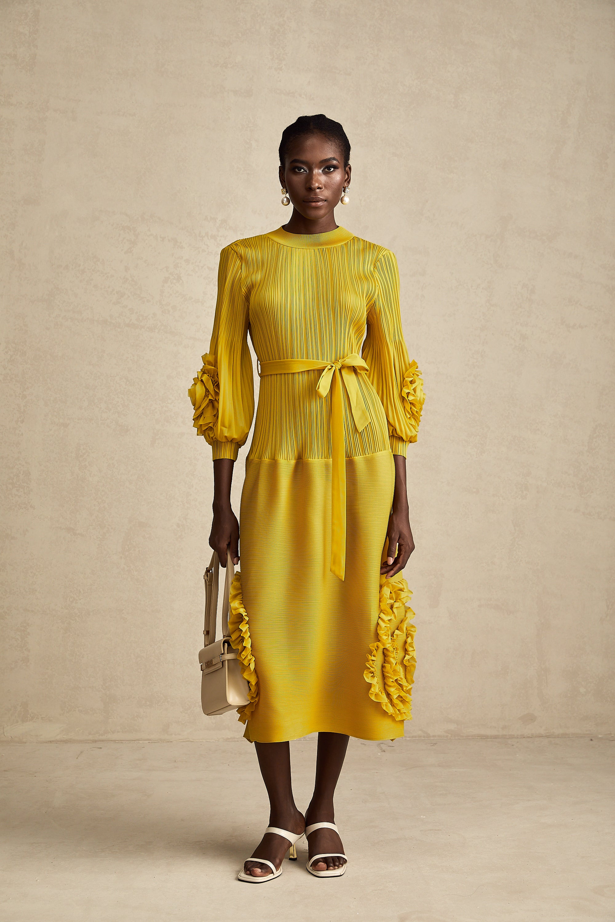 Aïda yellow 3d-petal ruffled midi dress