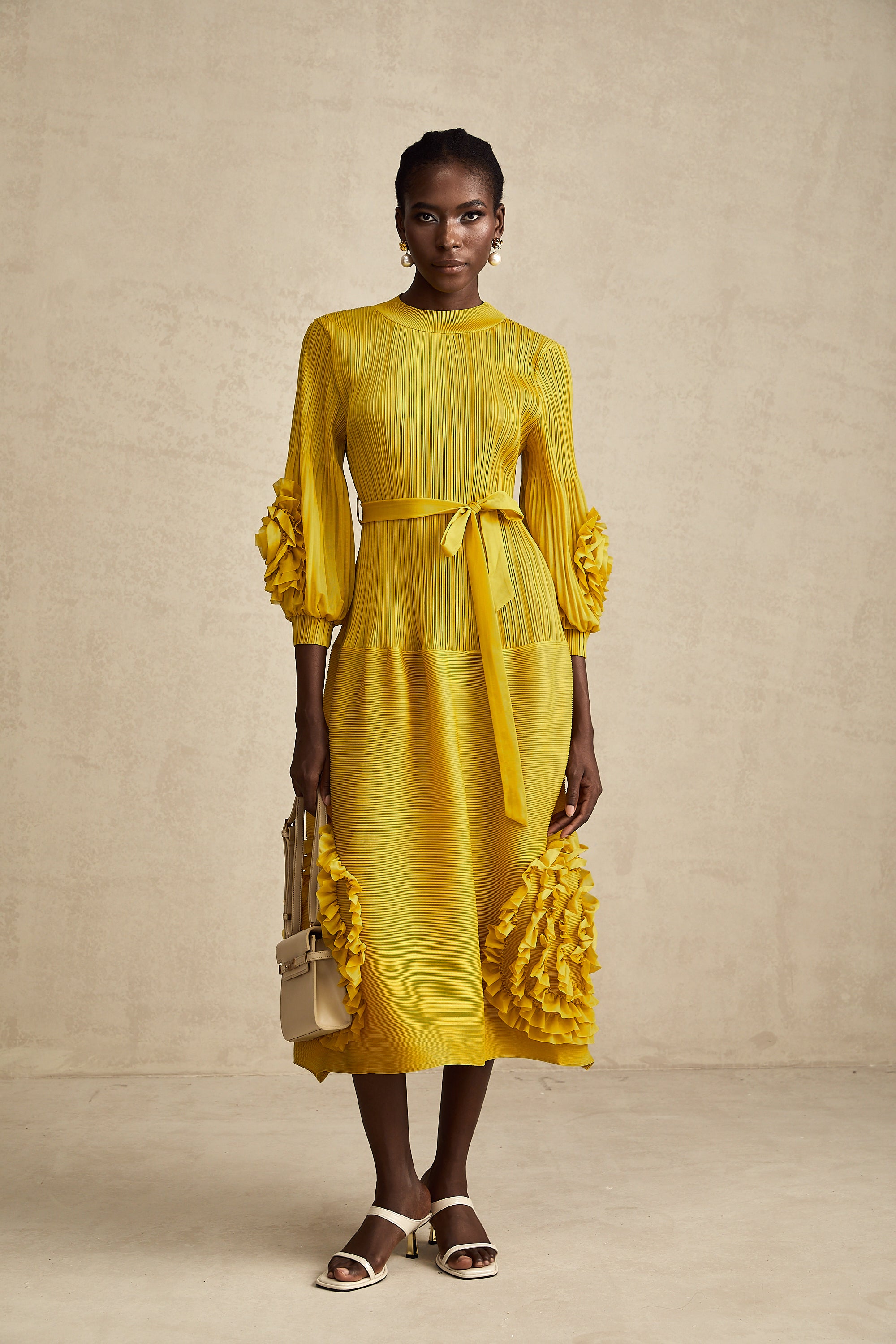 Aïda yellow 3d-petal ruffled midi dress