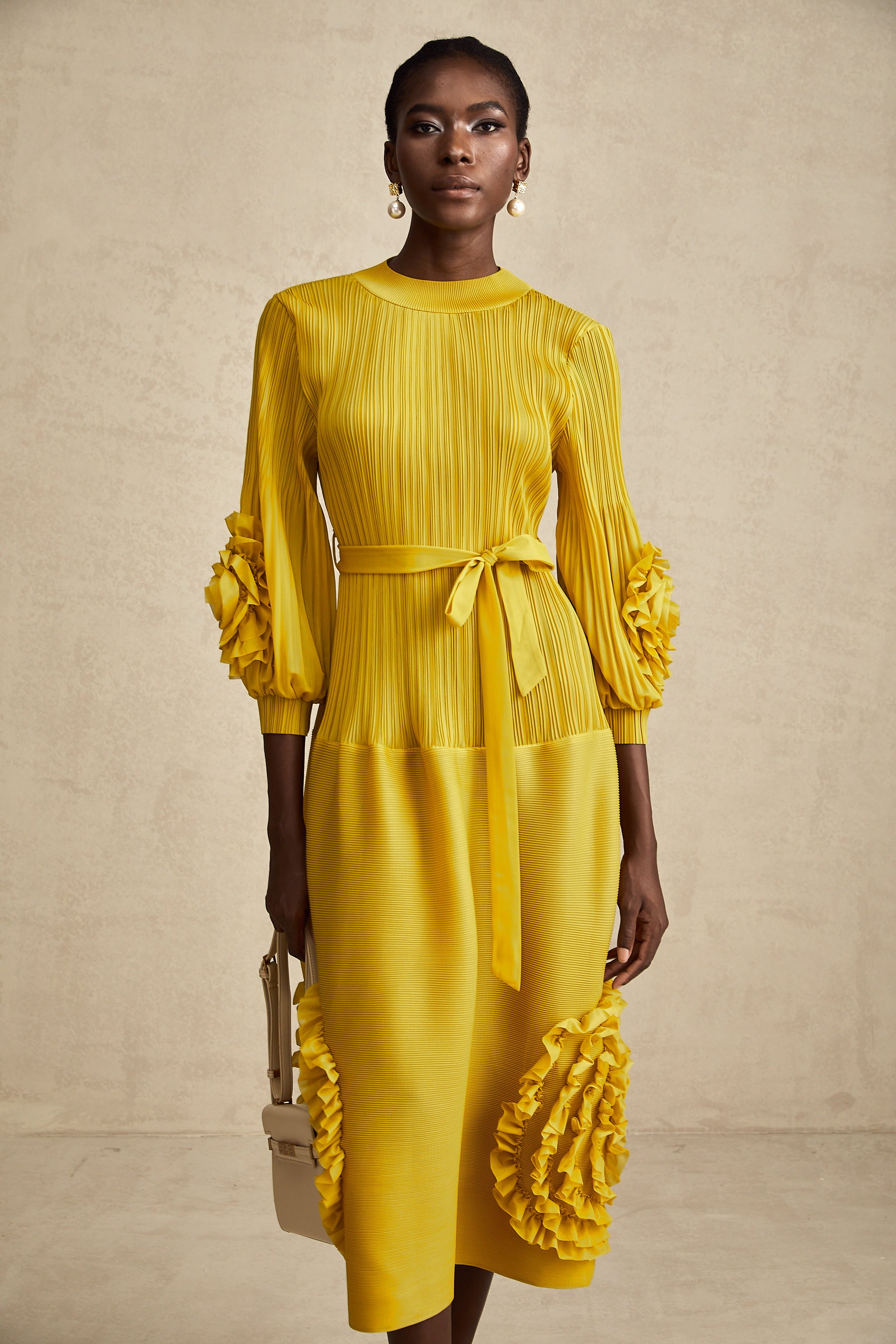 Aïda yellow 3d-petal ruffled midi dress