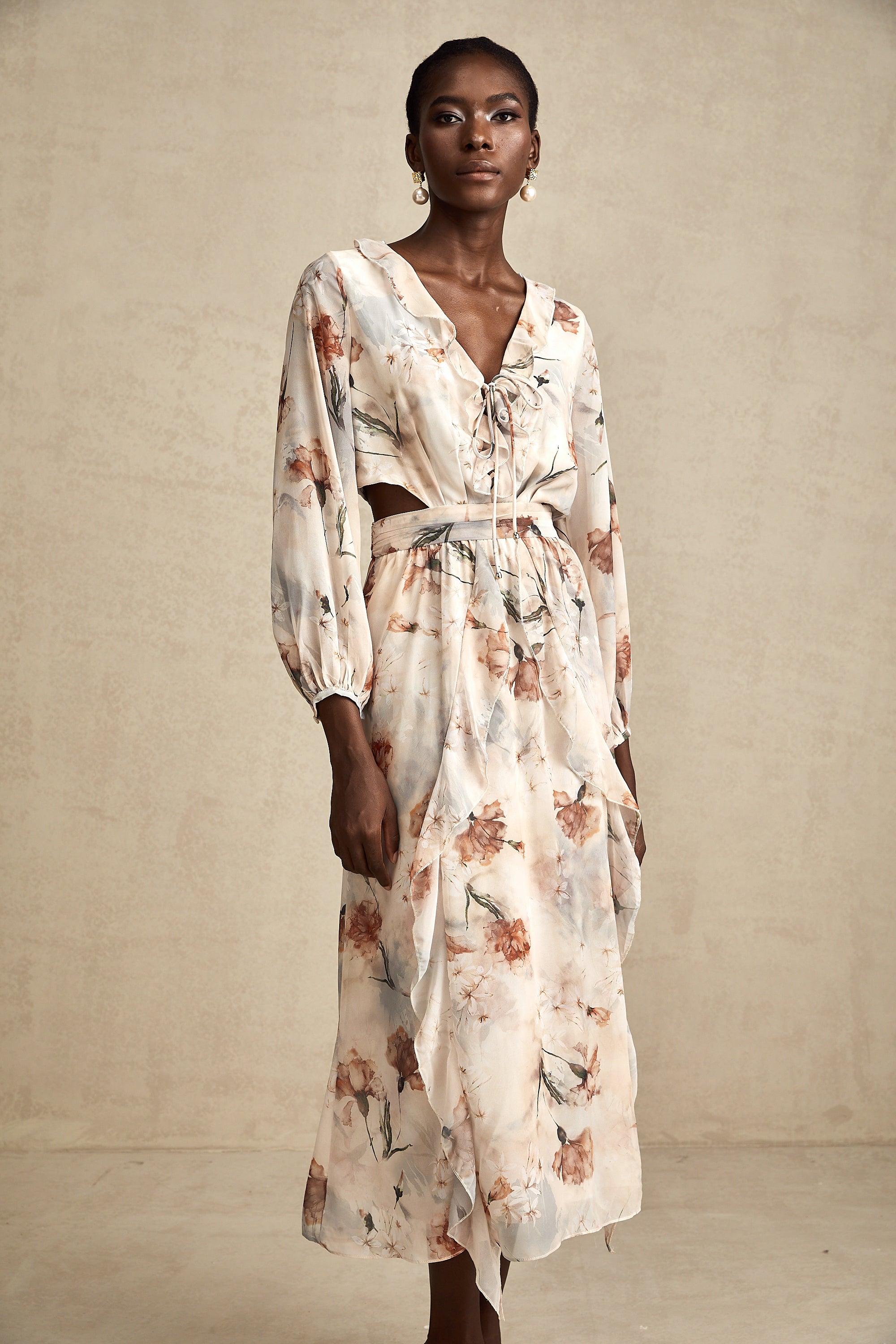 Bérengère floral-print open-waist midi dress