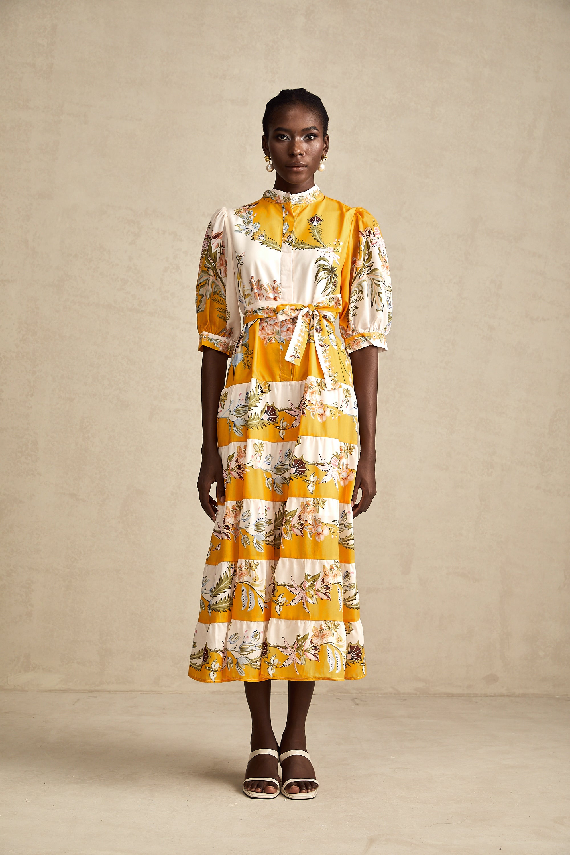 Halley yellow floral-print tiered midi dress