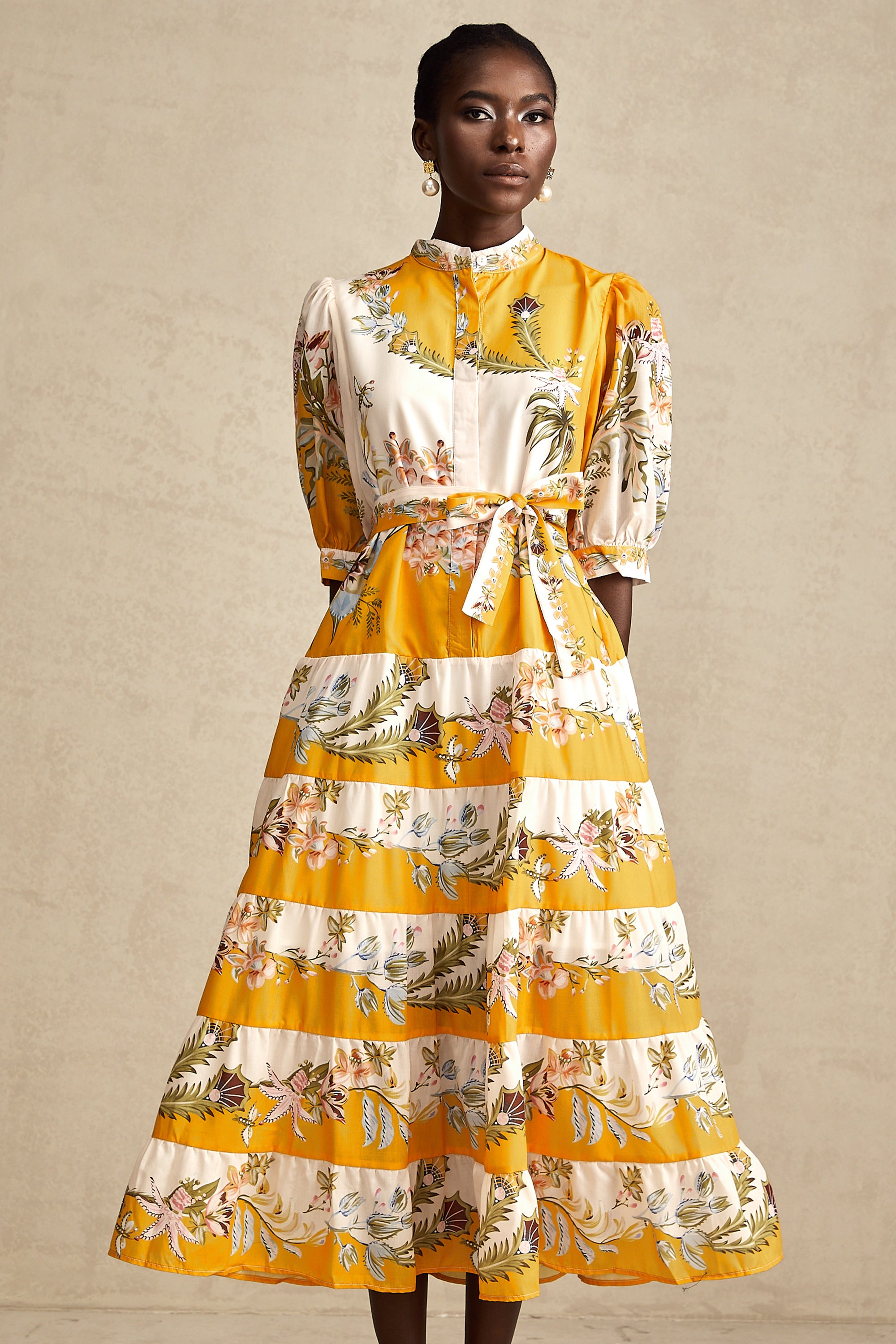 Halley yellow floral-print tiered midi dress