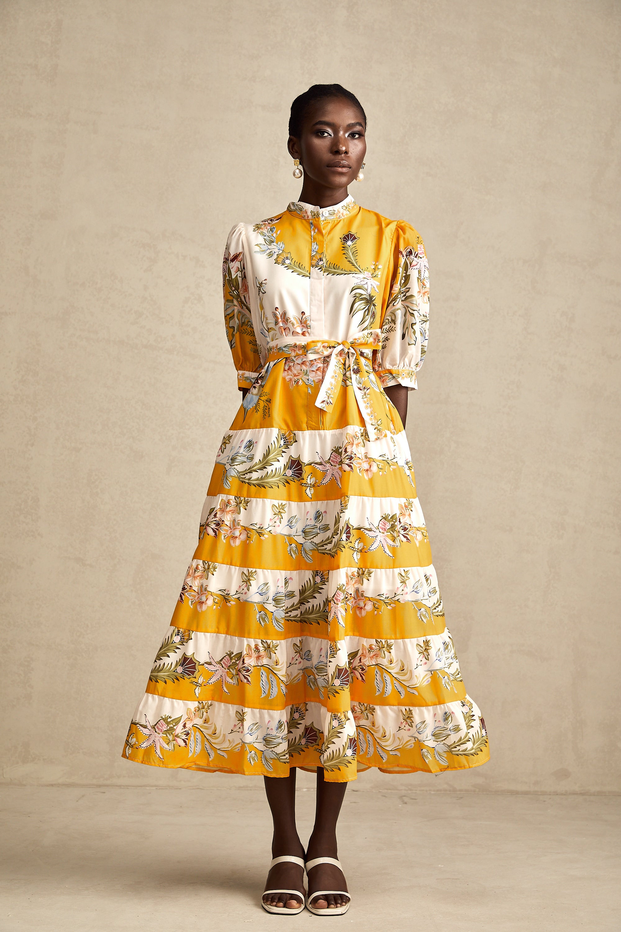 Halley yellow floral-print tiered midi dress