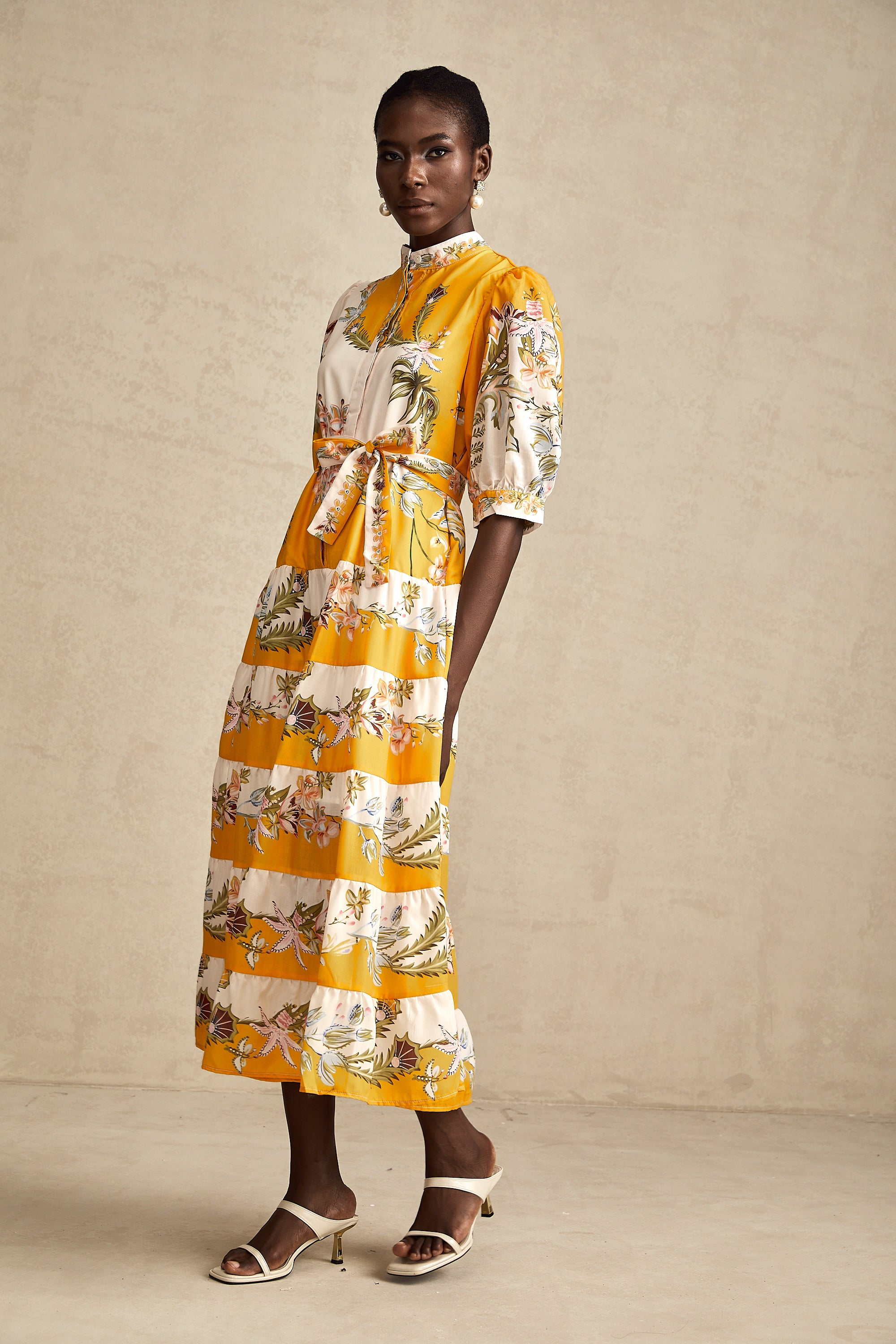 Halley yellow floral-print tiered midi dress