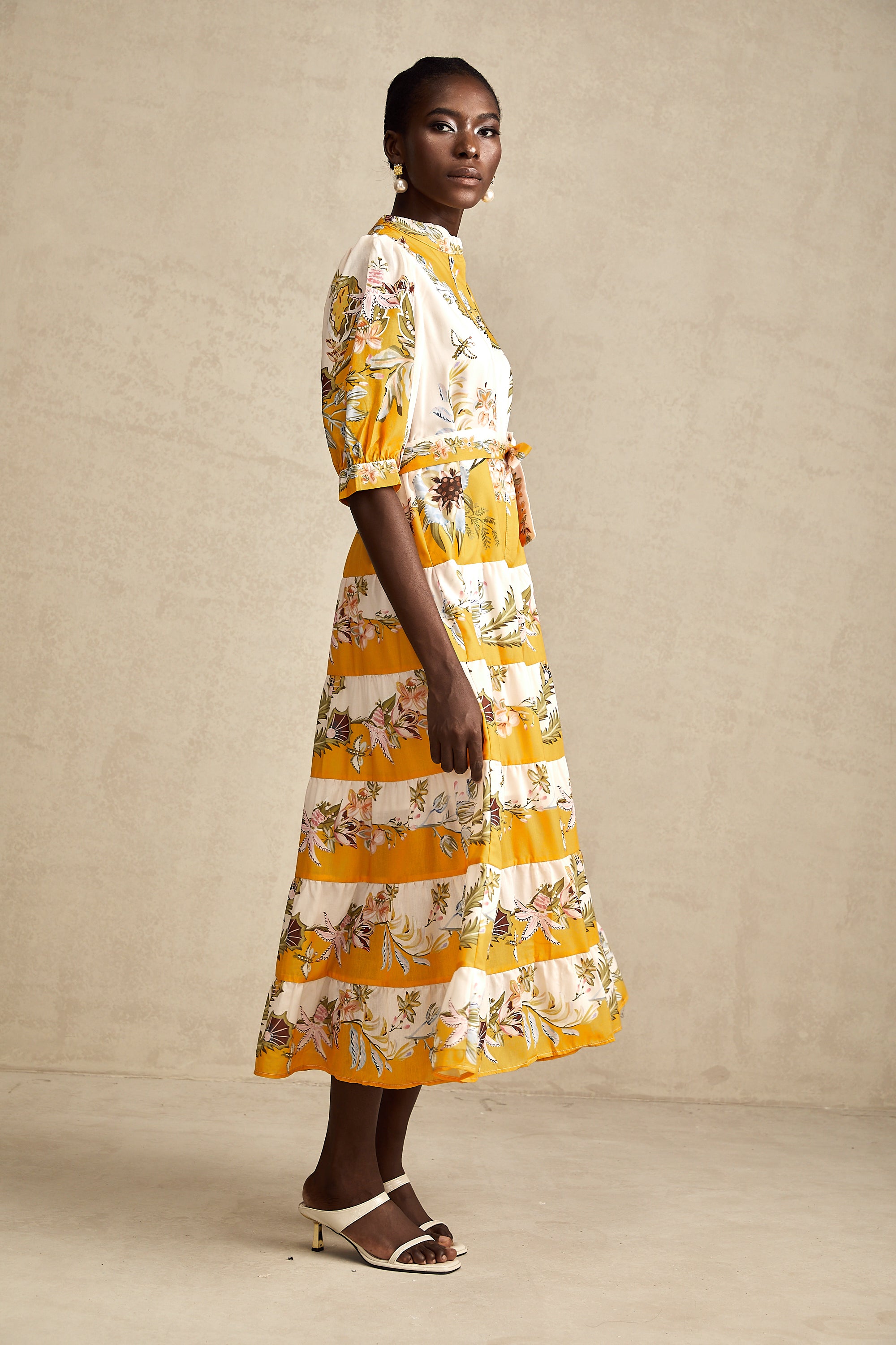 Halley yellow floral-print tiered midi dress