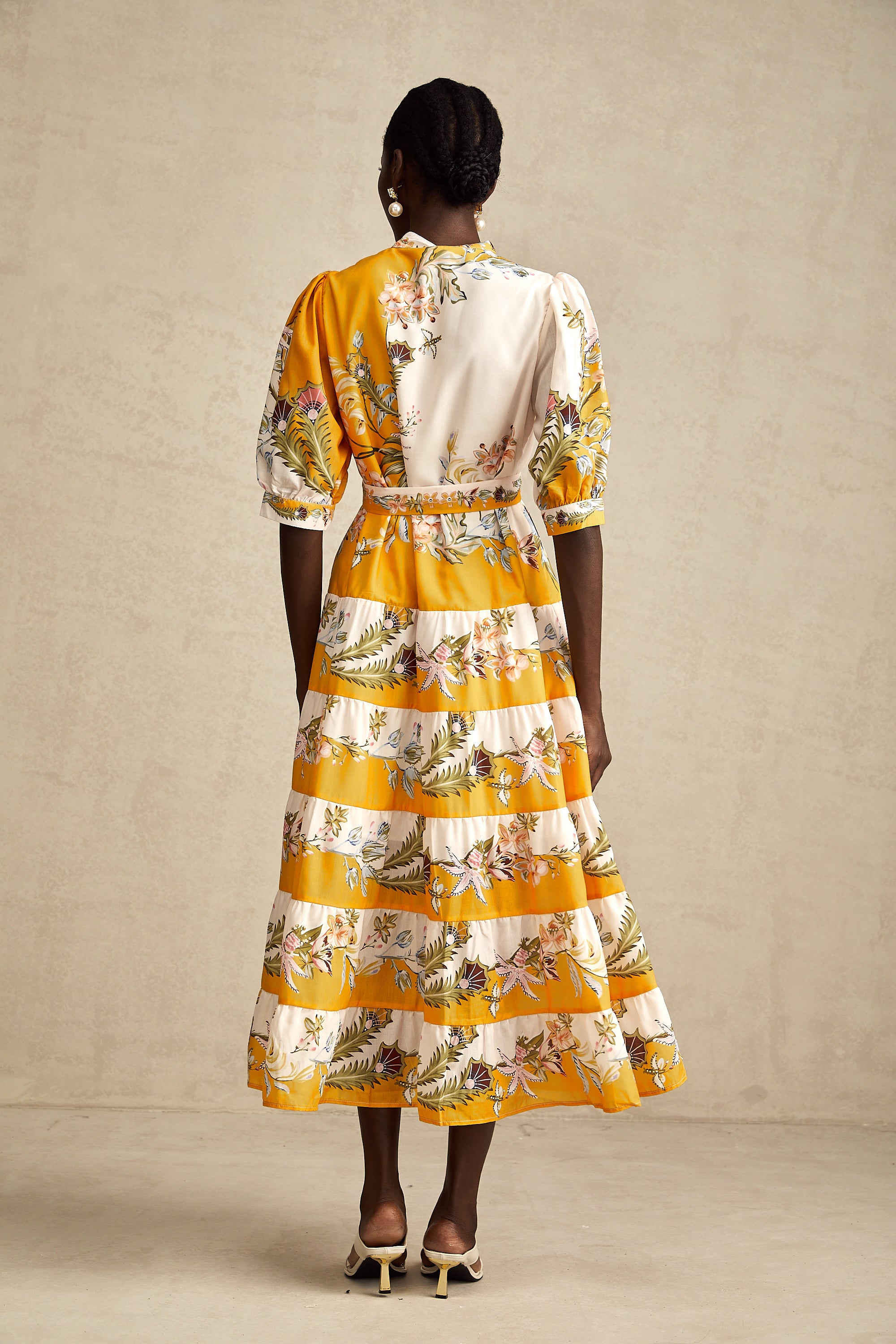 Halley yellow floral-print tiered midi dress