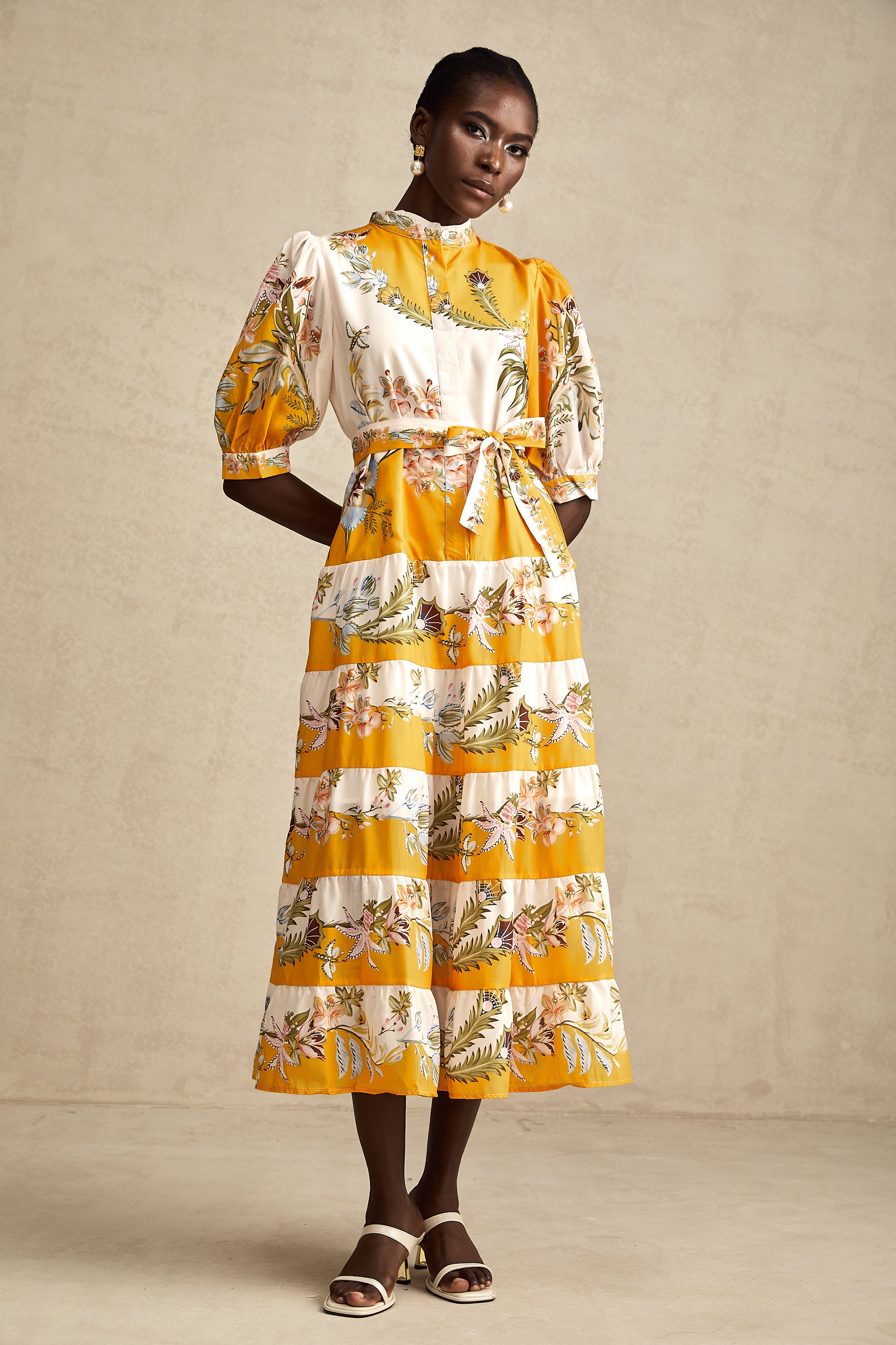 Halley yellow floral-print tiered midi dress