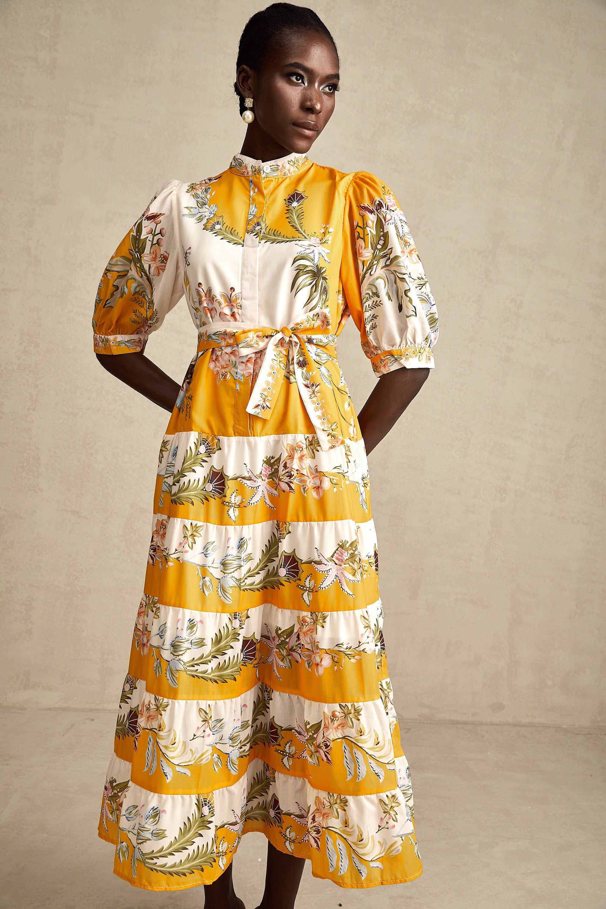 Halley yellow floral-print tiered midi dress