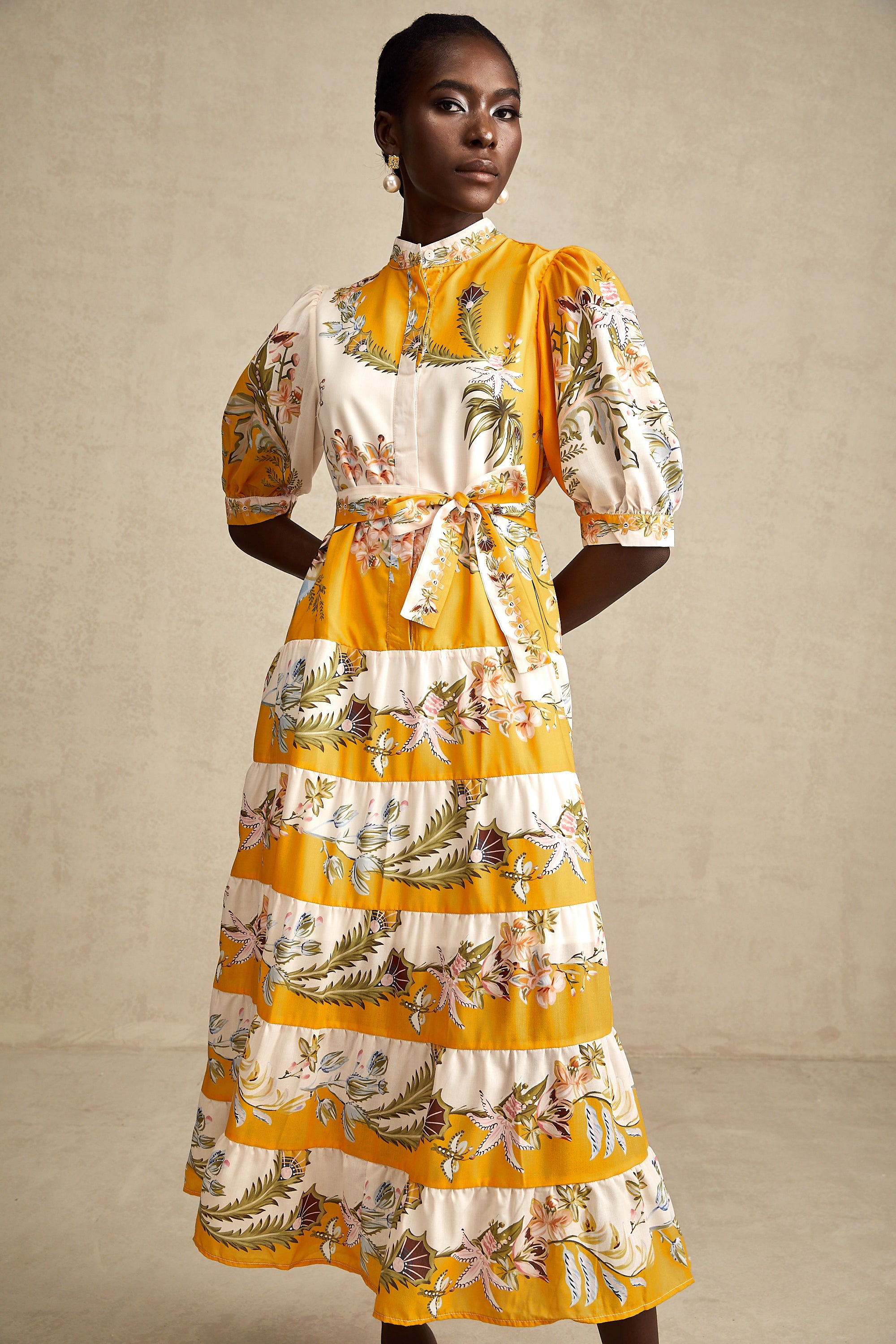 Halley yellow floral-print tiered midi dress