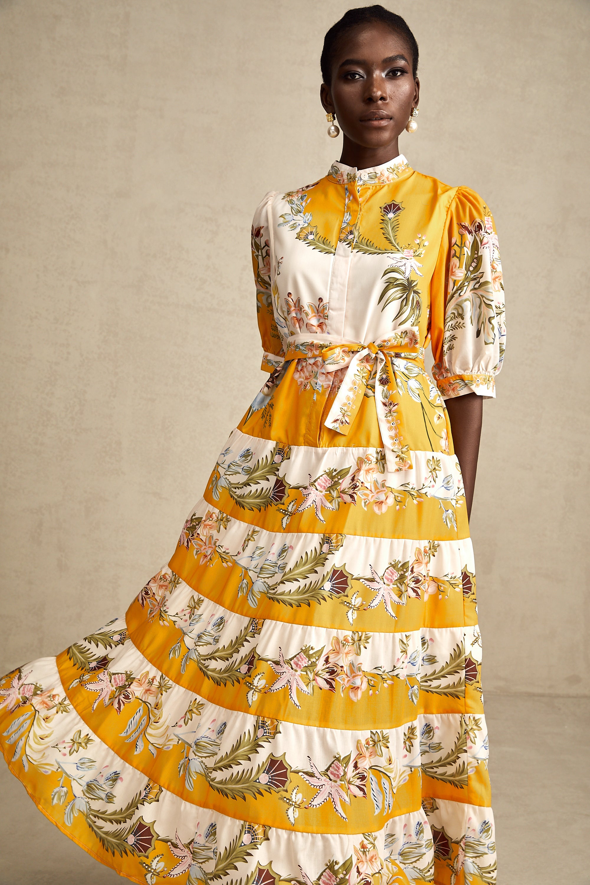 Halley yellow floral-print tiered midi dress