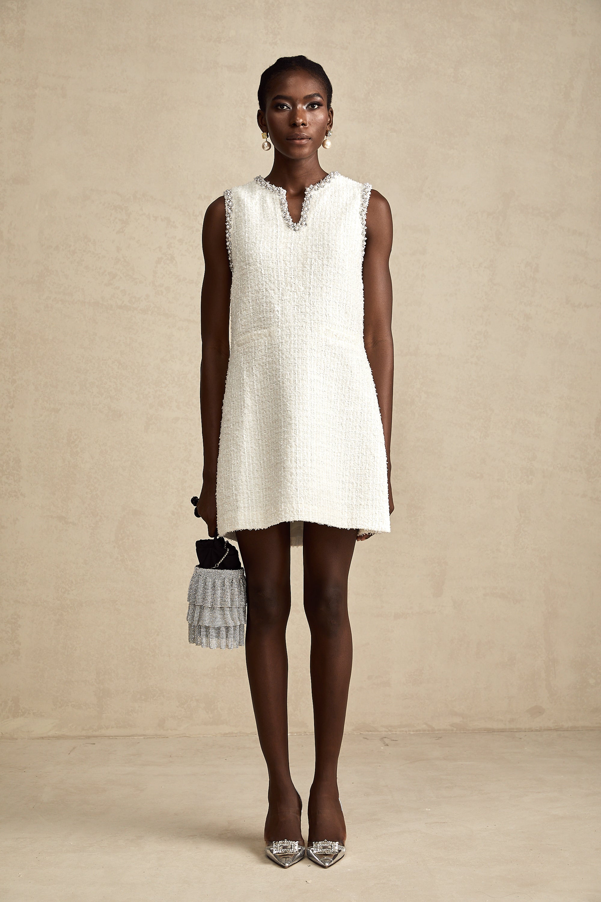 Coralie white embellished sleeveless tweed mini dress