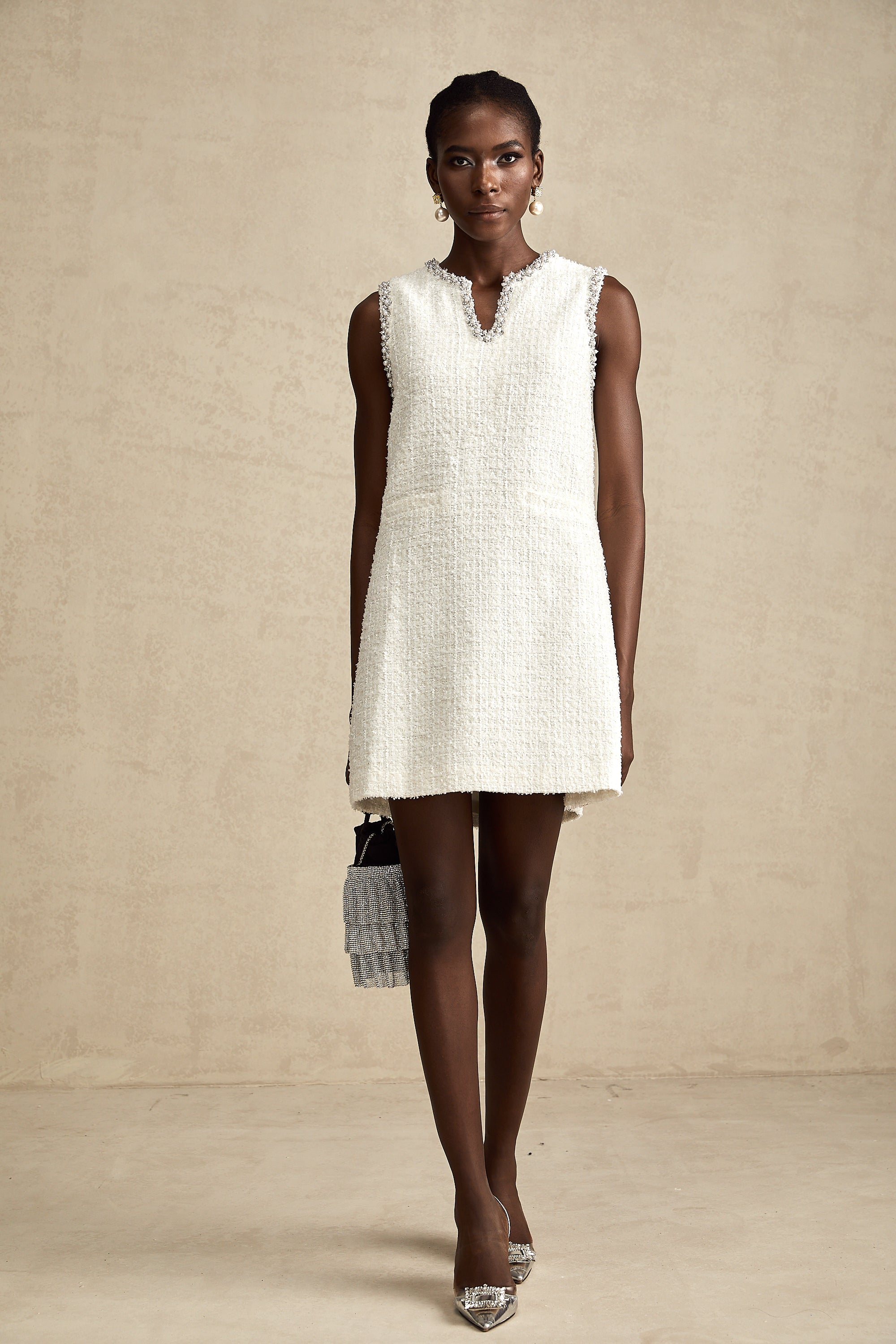 Coralie white embellished sleeveless tweed mini dress