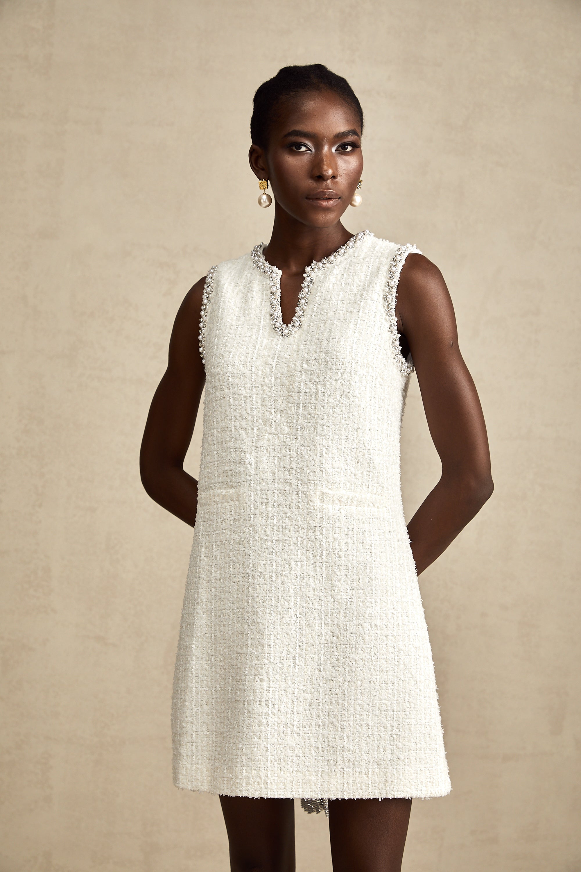 Coralie white embellished sleeveless tweed mini dress