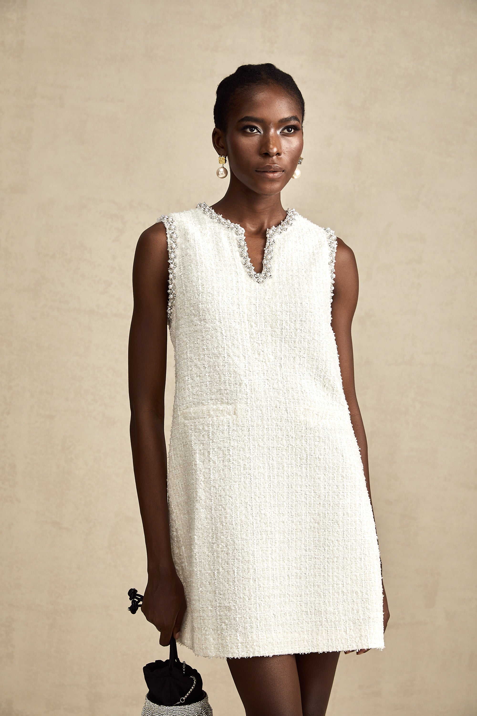 Coralie white embellished sleeveless tweed mini dress