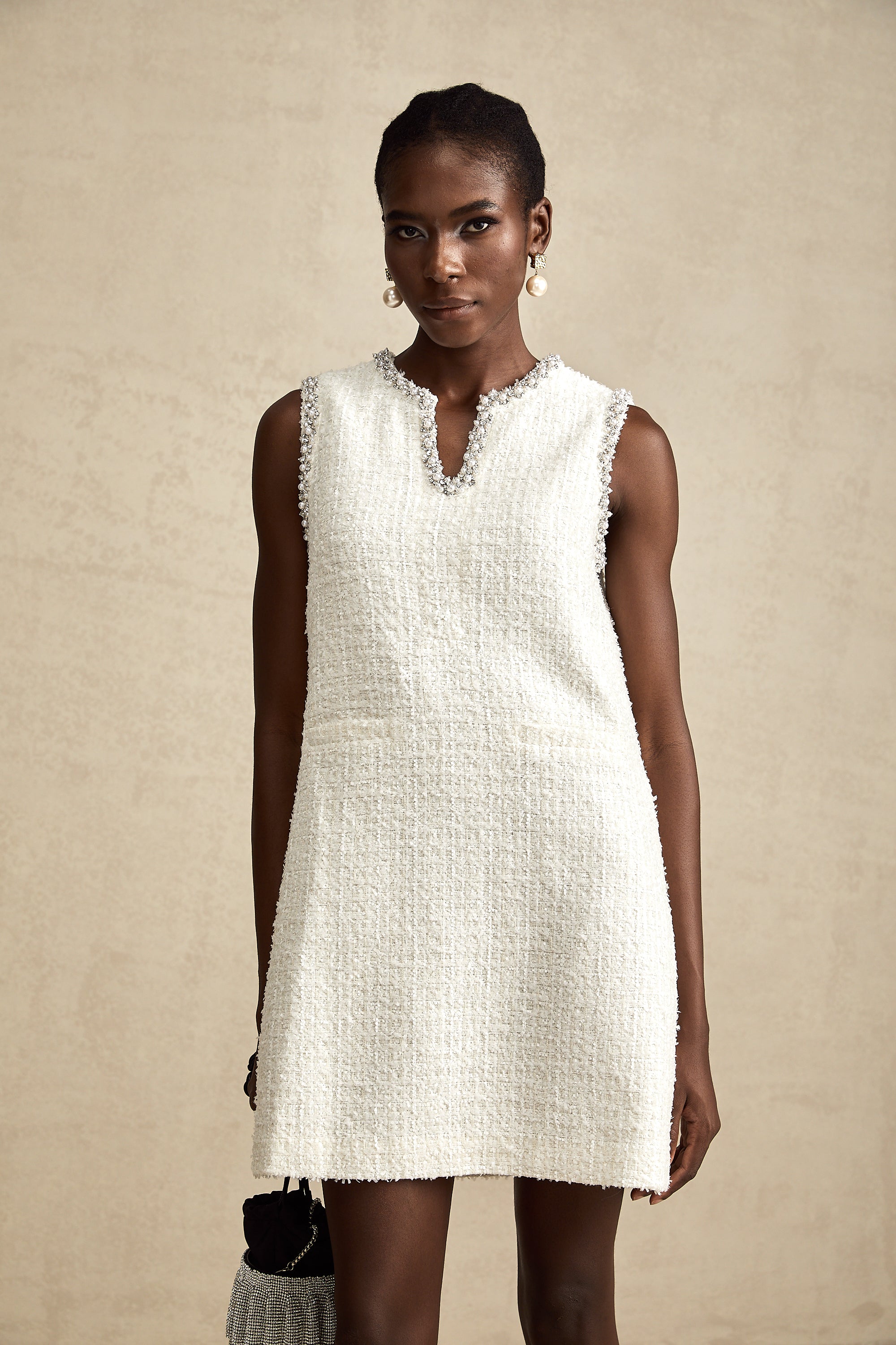 Coralie white embellished sleeveless tweed mini dress