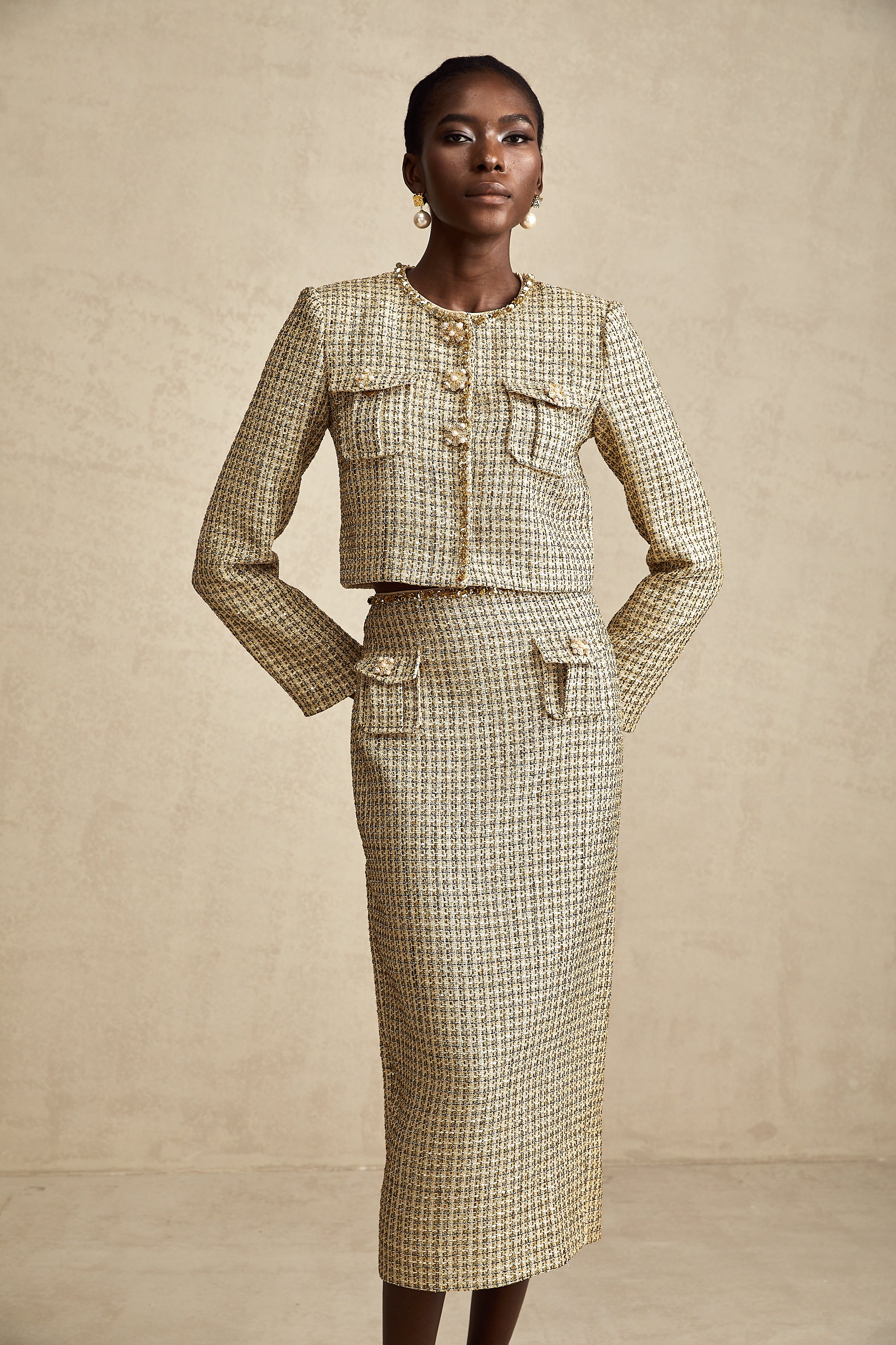 Aëlle gold tweed sequin jacket & skirt matching set