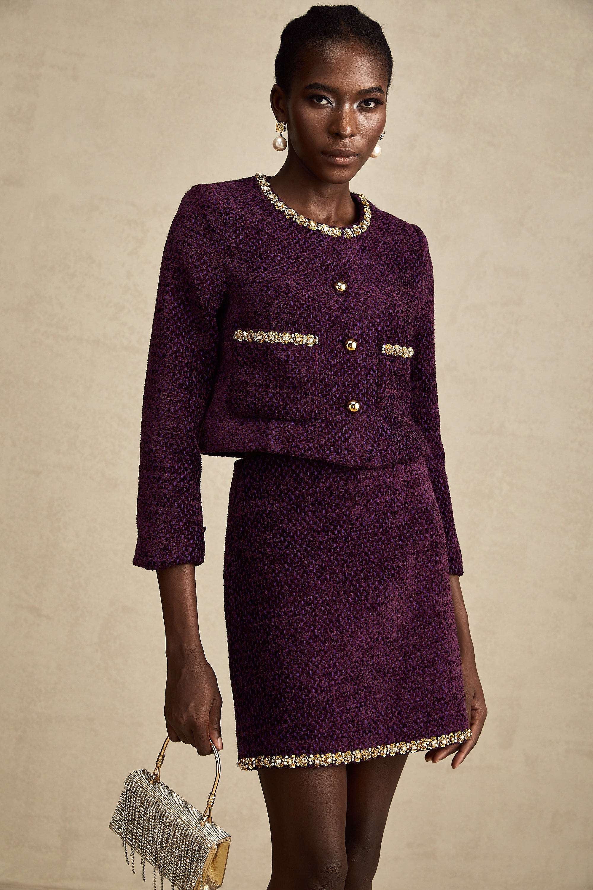 Elise purple crystal-trim tweed cardigan & skirt matching set