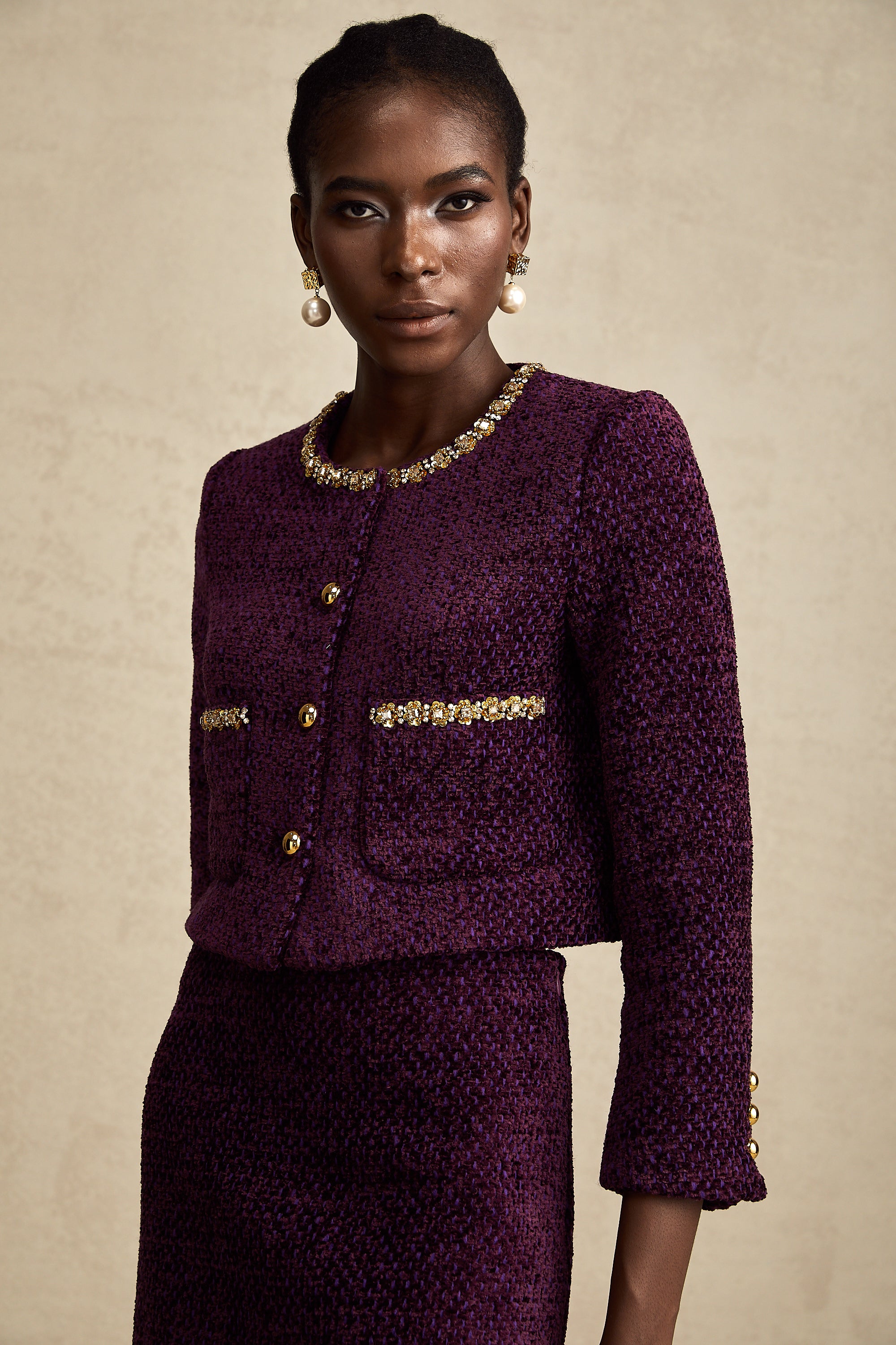 Elise purple crystal-trim tweed cardigan & skirt matching set