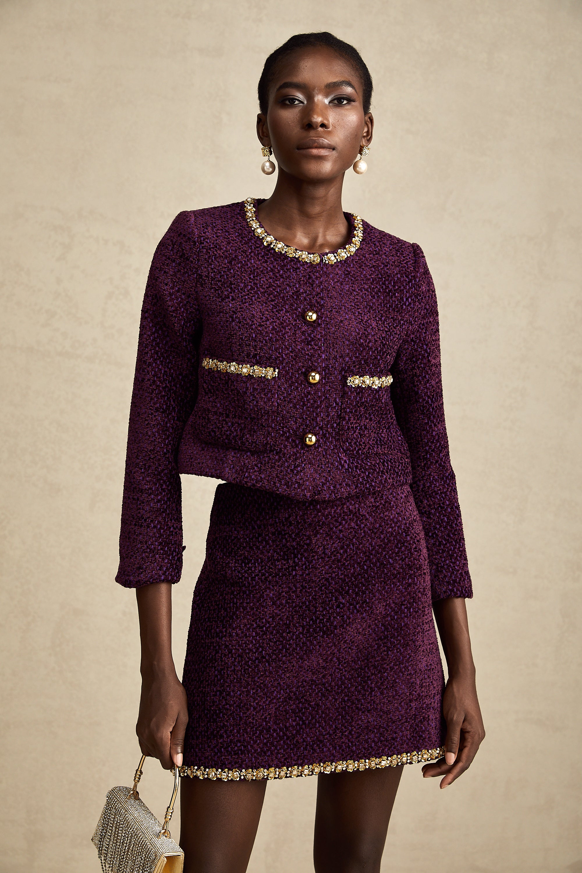 Elise purple crystal-trim tweed cardigan & skirt matching set