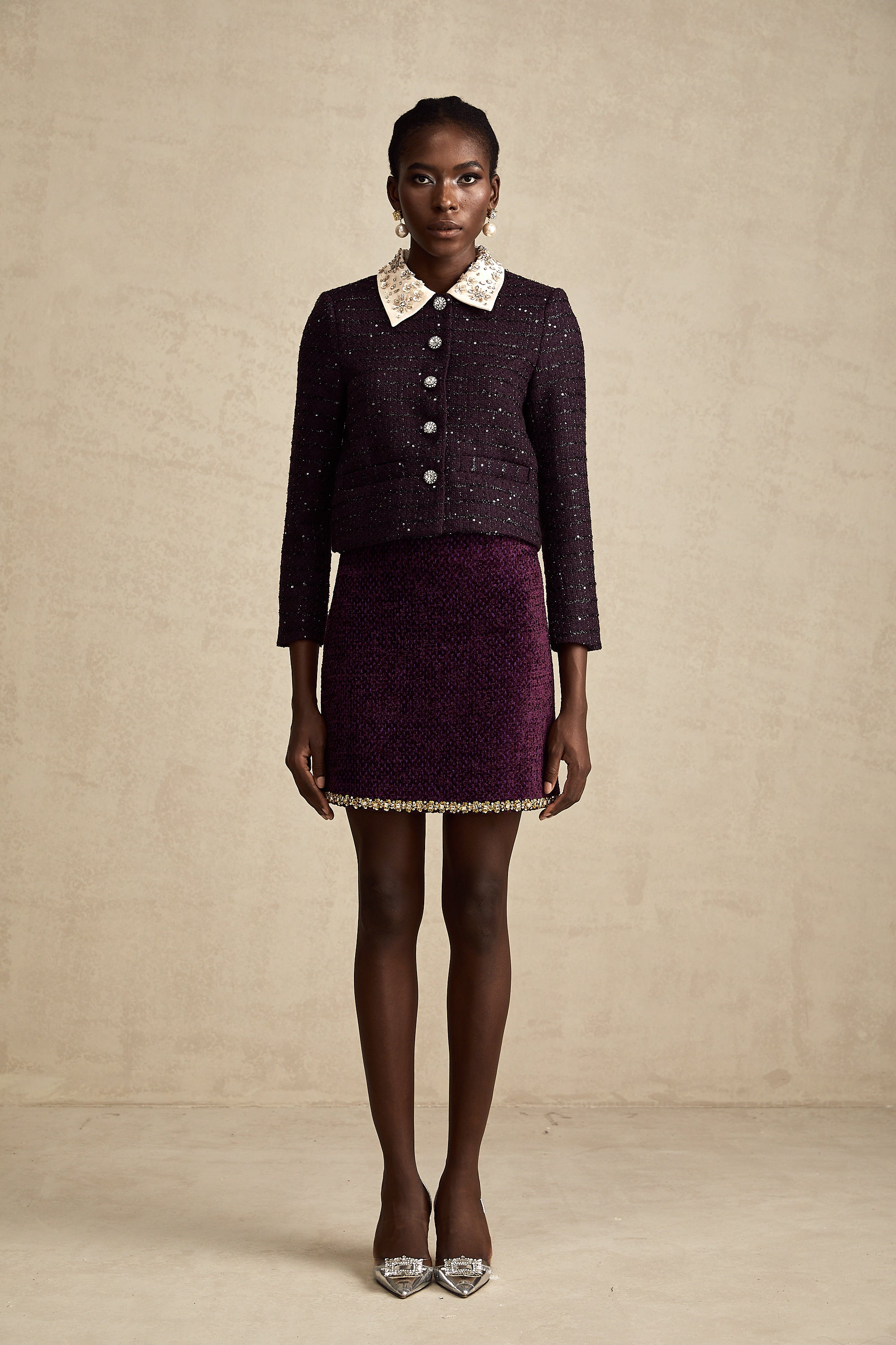 Diane purple sequin panelled-collar jacket