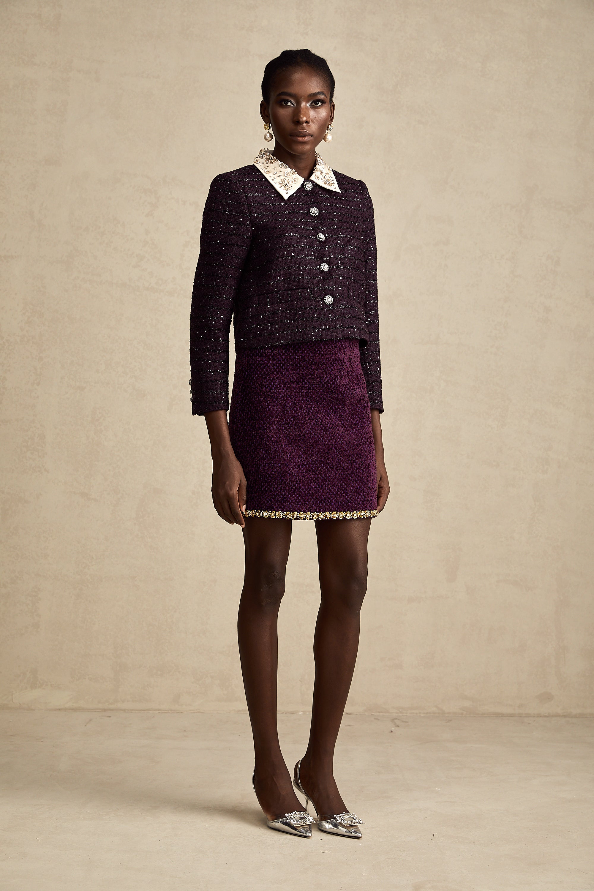 Diane purple sequin panelled-collar jacket