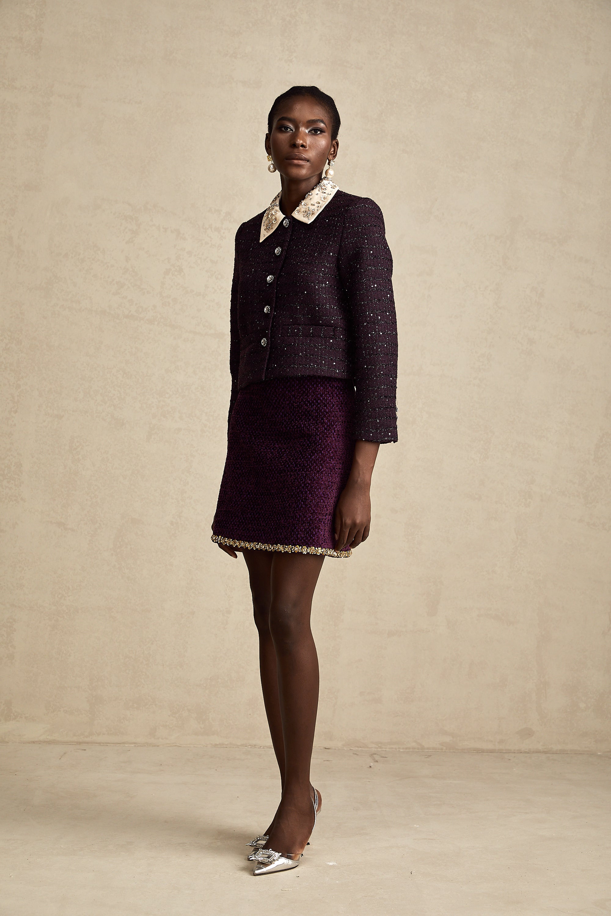 Diane purple sequin panelled-collar jacket