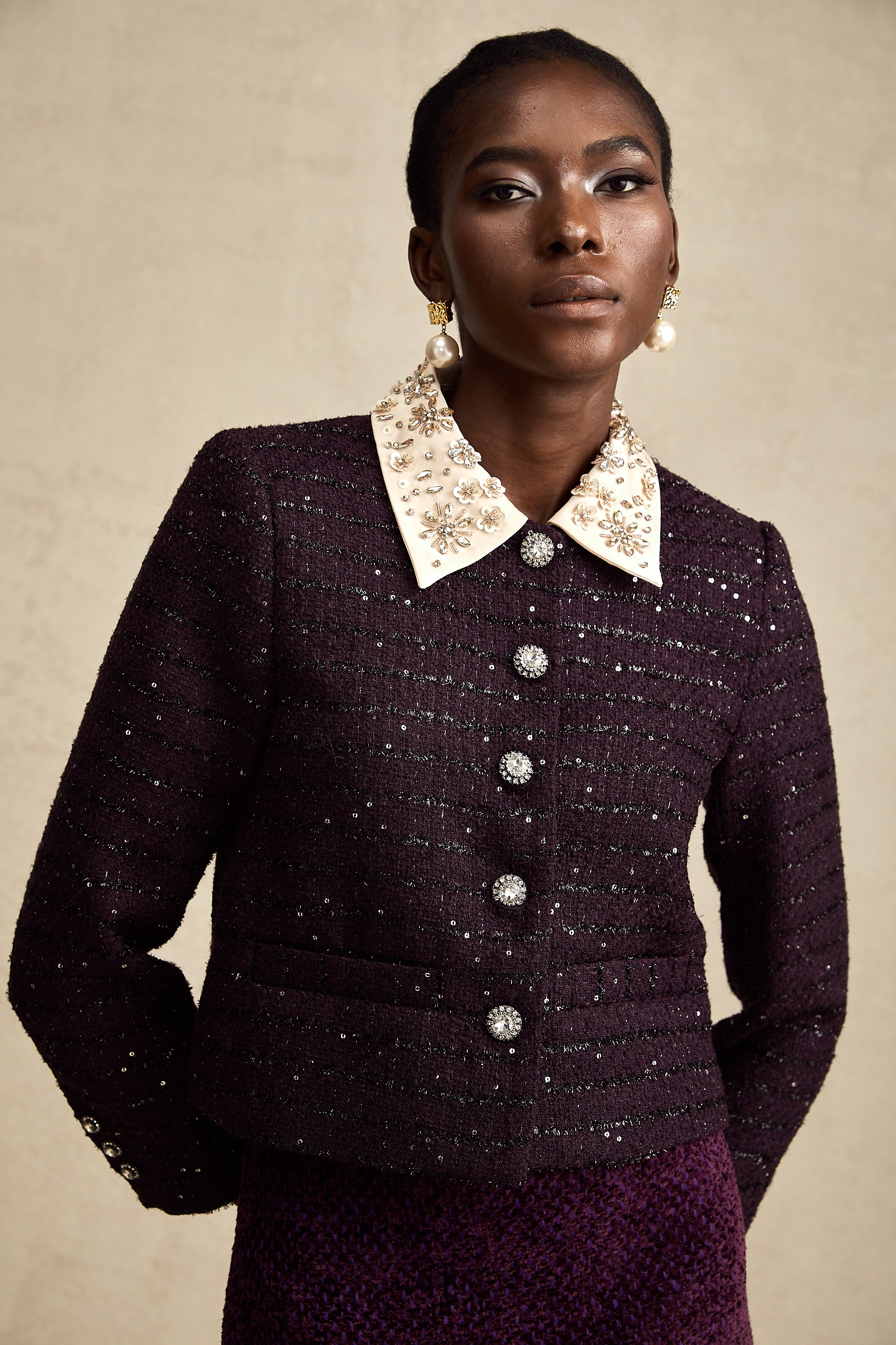 Diane purple sequin panelled-collar jacket