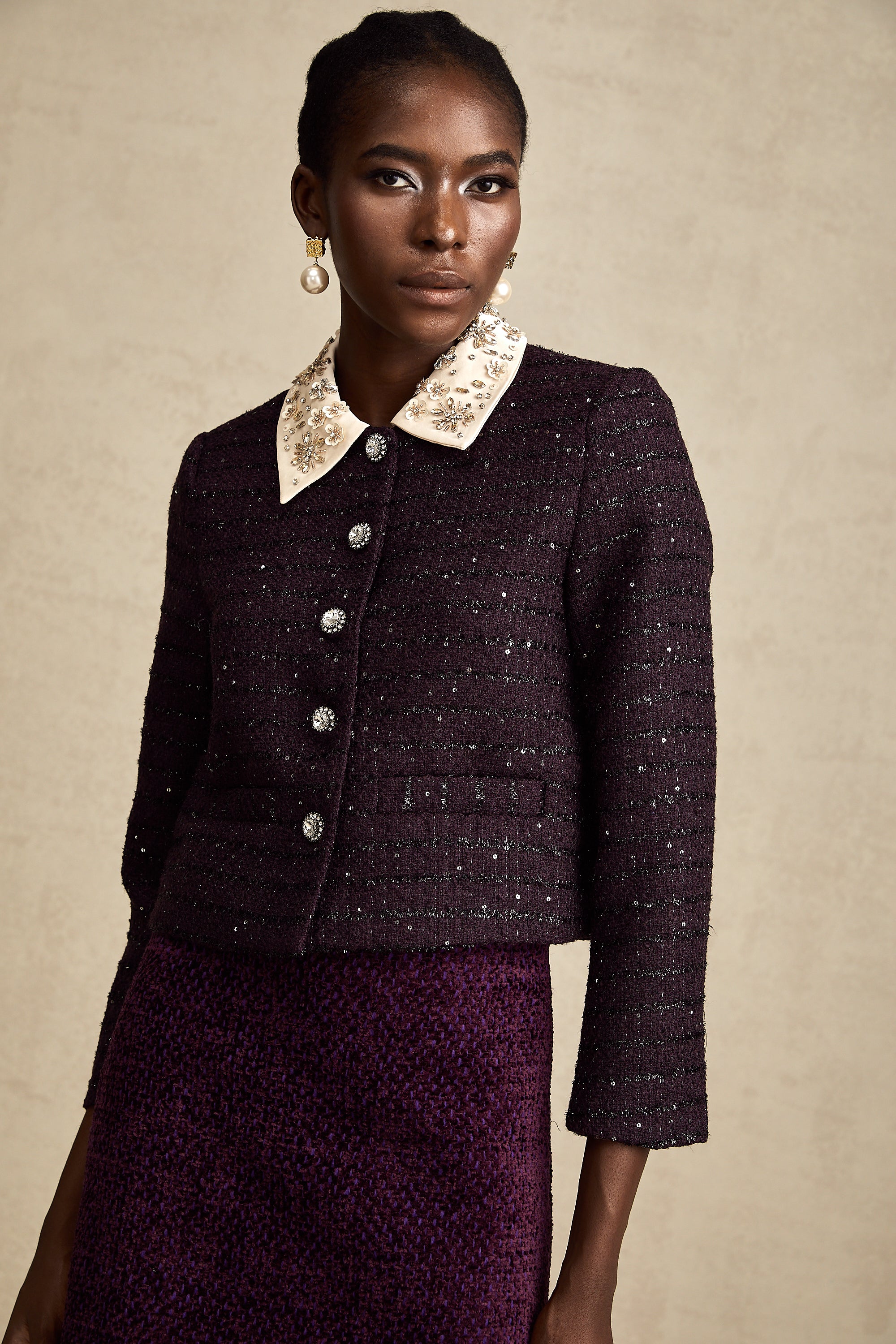 Diane purple sequin panelled-collar jacket