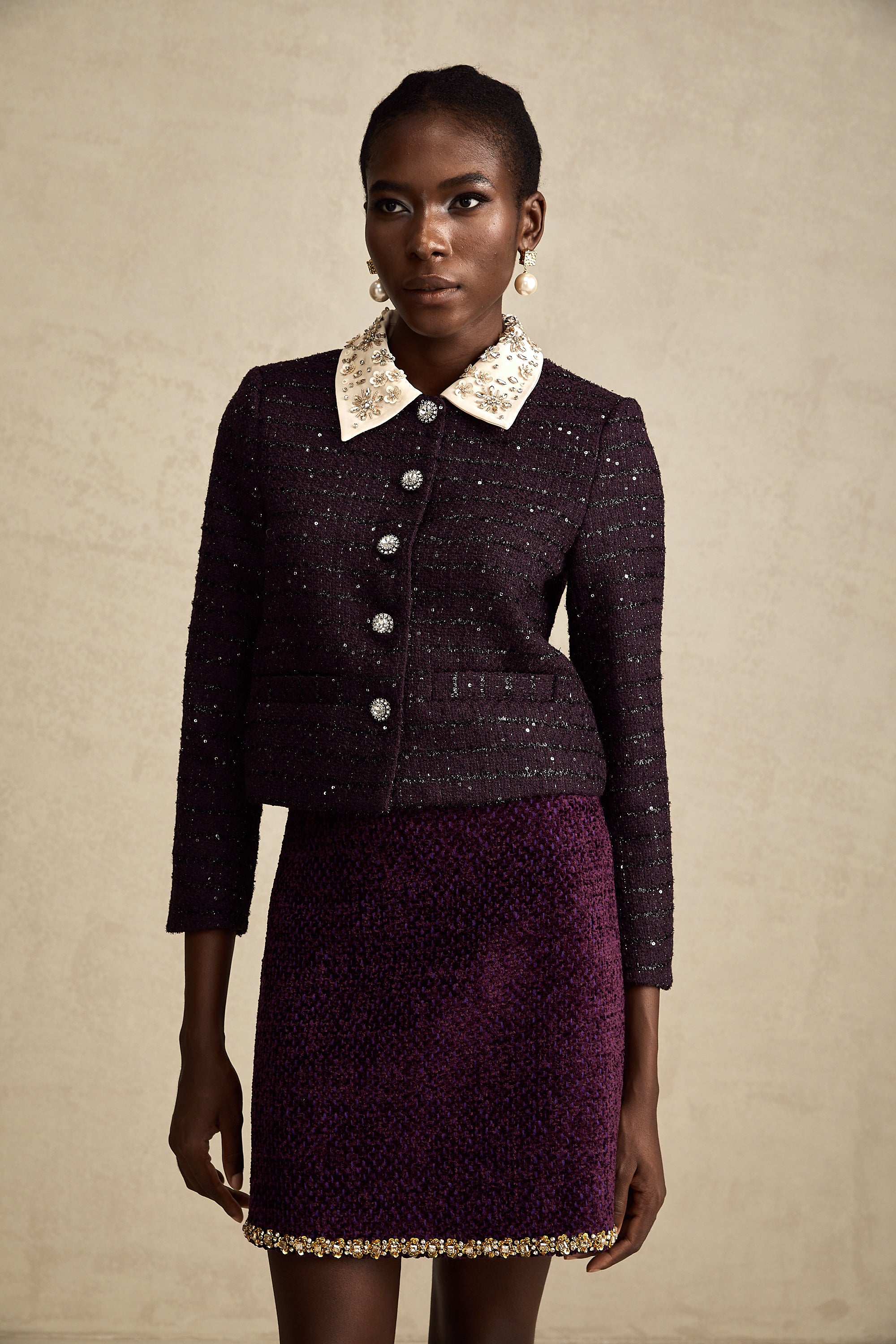 Diane purple sequin panelled-collar jacket