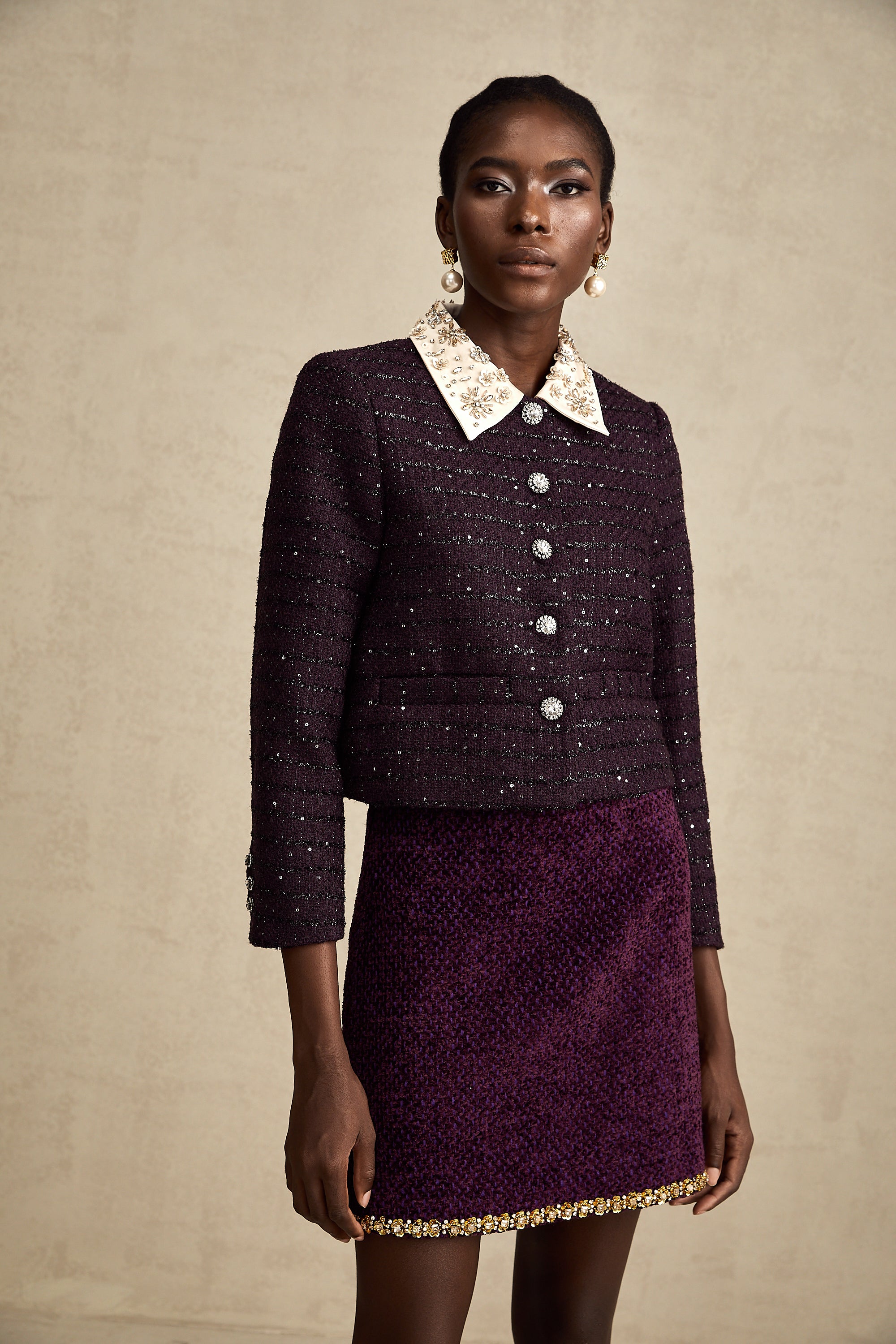 Diane purple sequin panelled-collar jacket