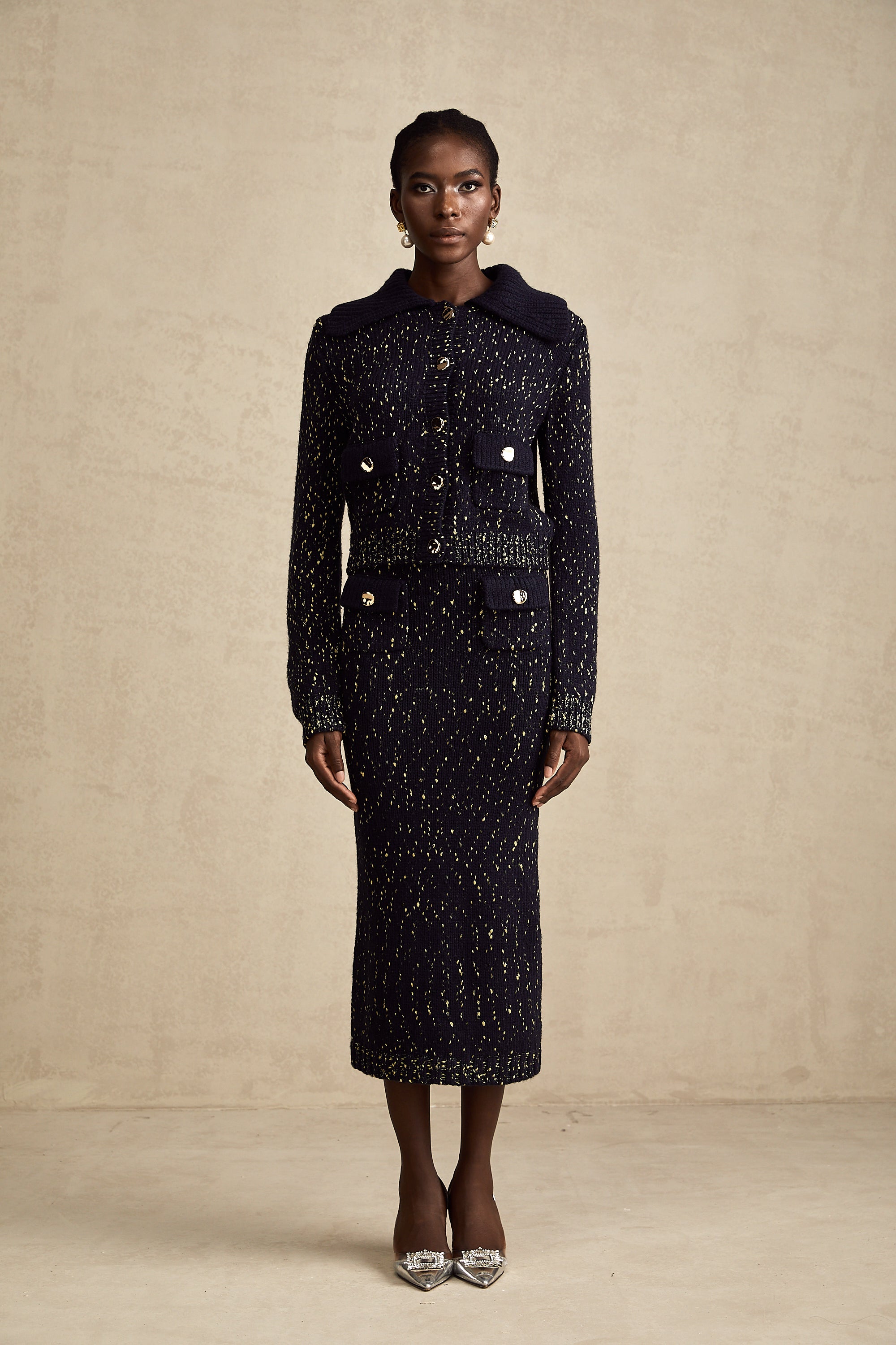 Claudine navy crochet-knit jacket & skirt matching set