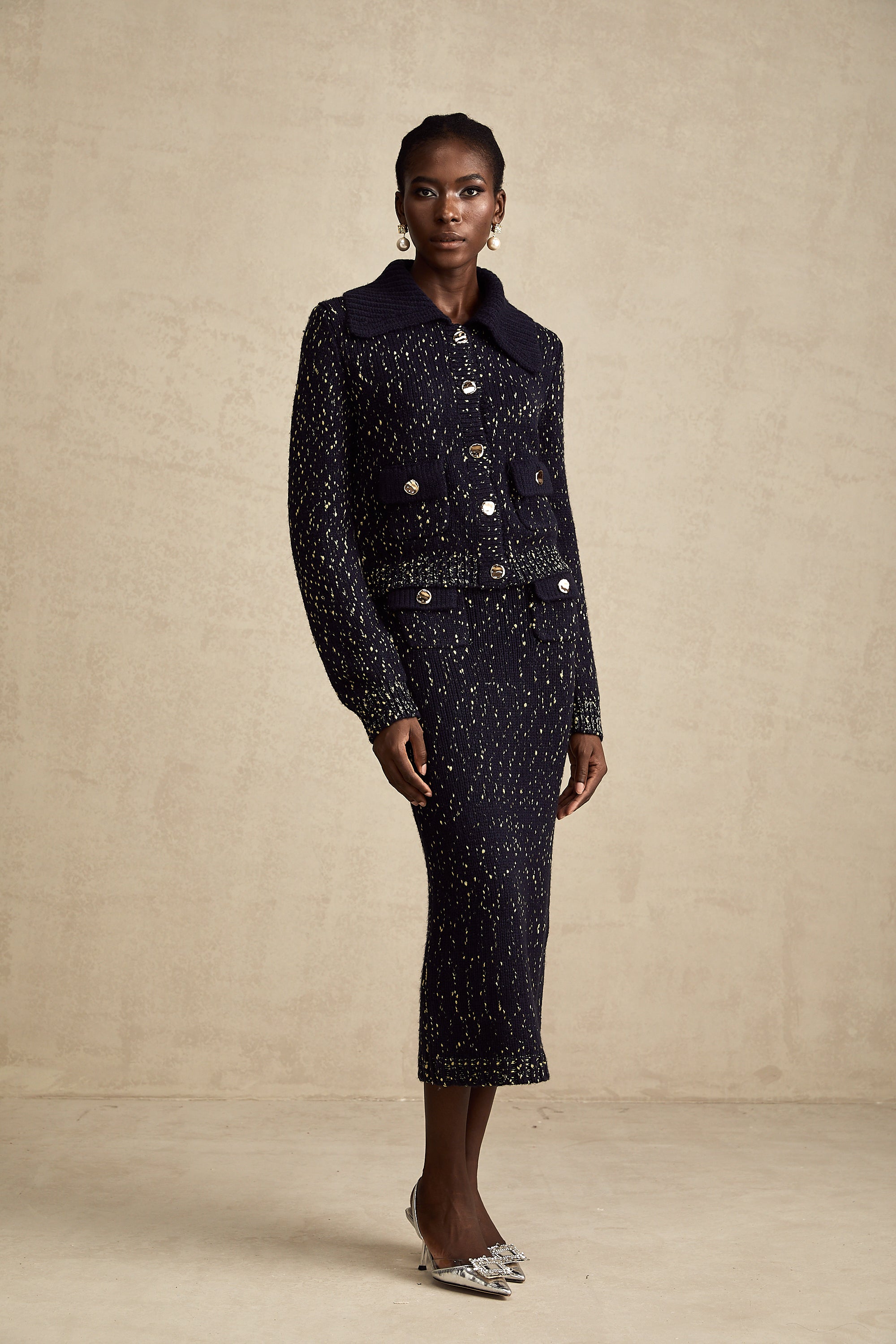 Claudine navy crochet-knit jacket & skirt matching set