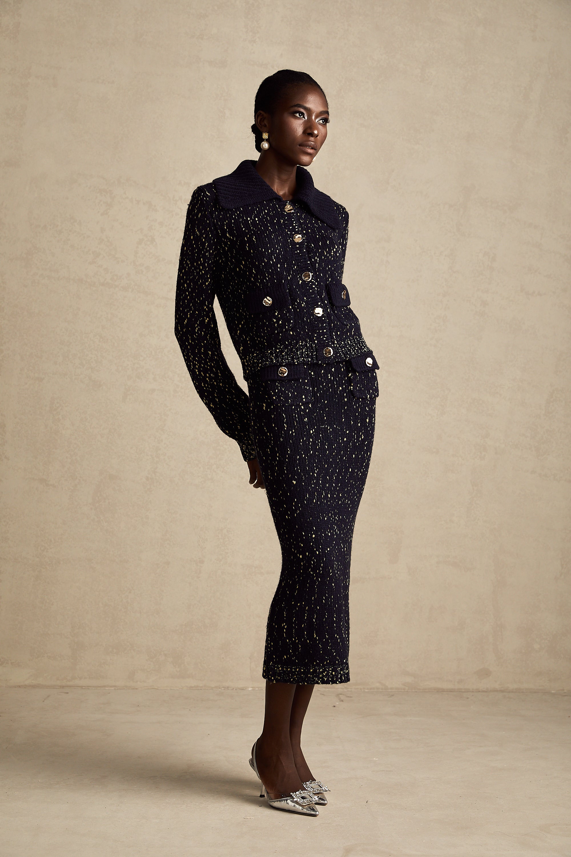 Claudine navy crochet-knit jacket & skirt matching set