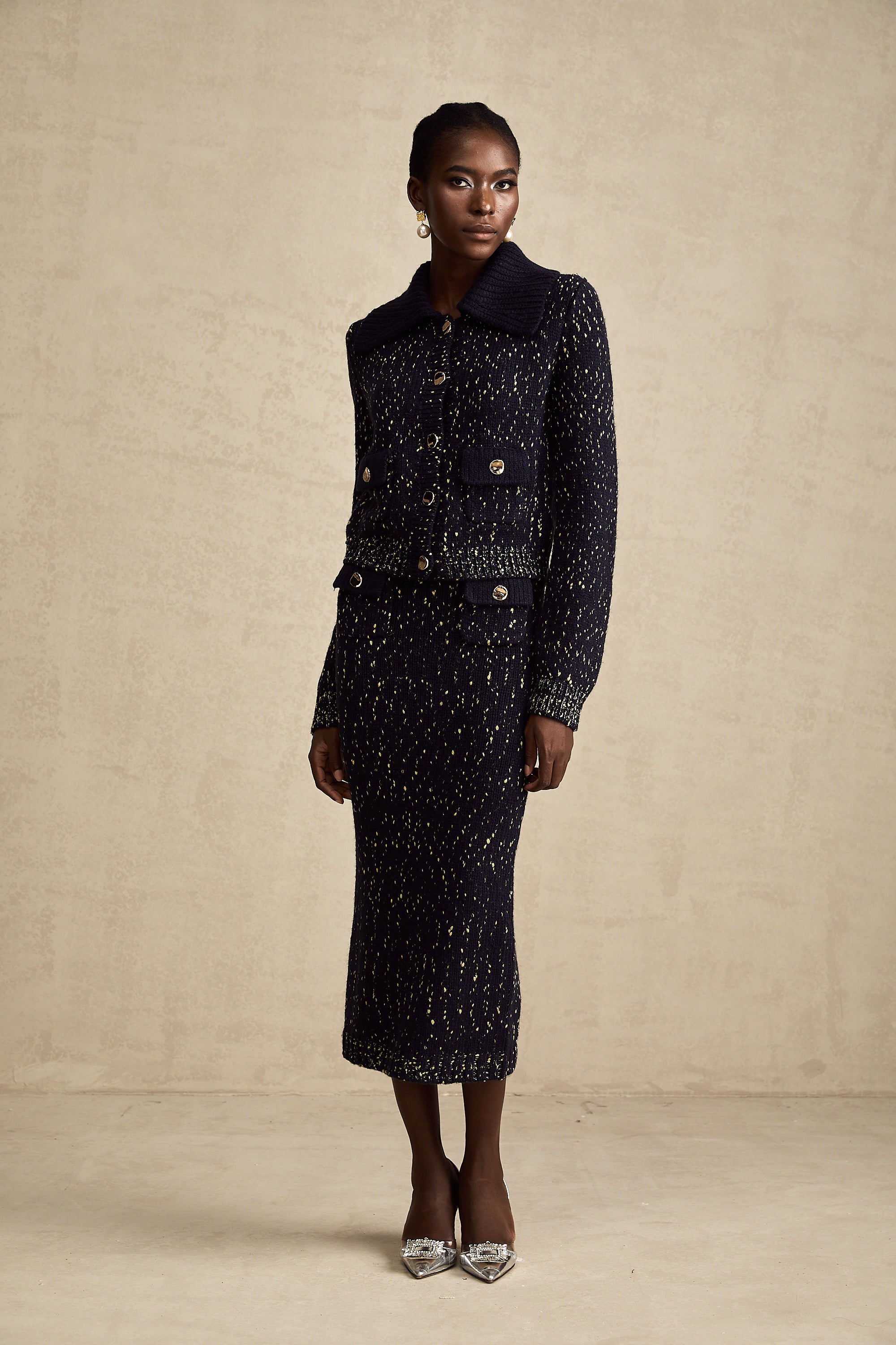 Claudine navy crochet-knit jacket & skirt matching set