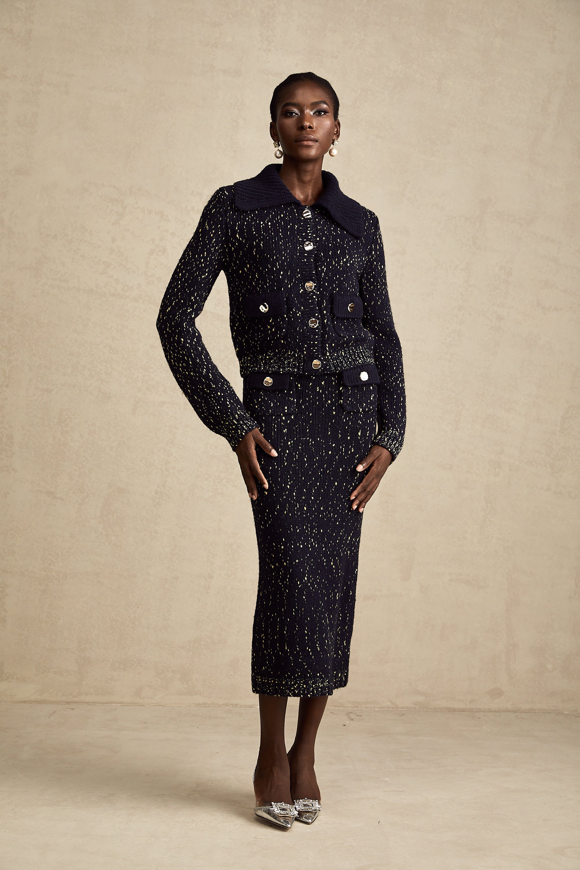 Claudine navy crochet-knit jacket & skirt matching set