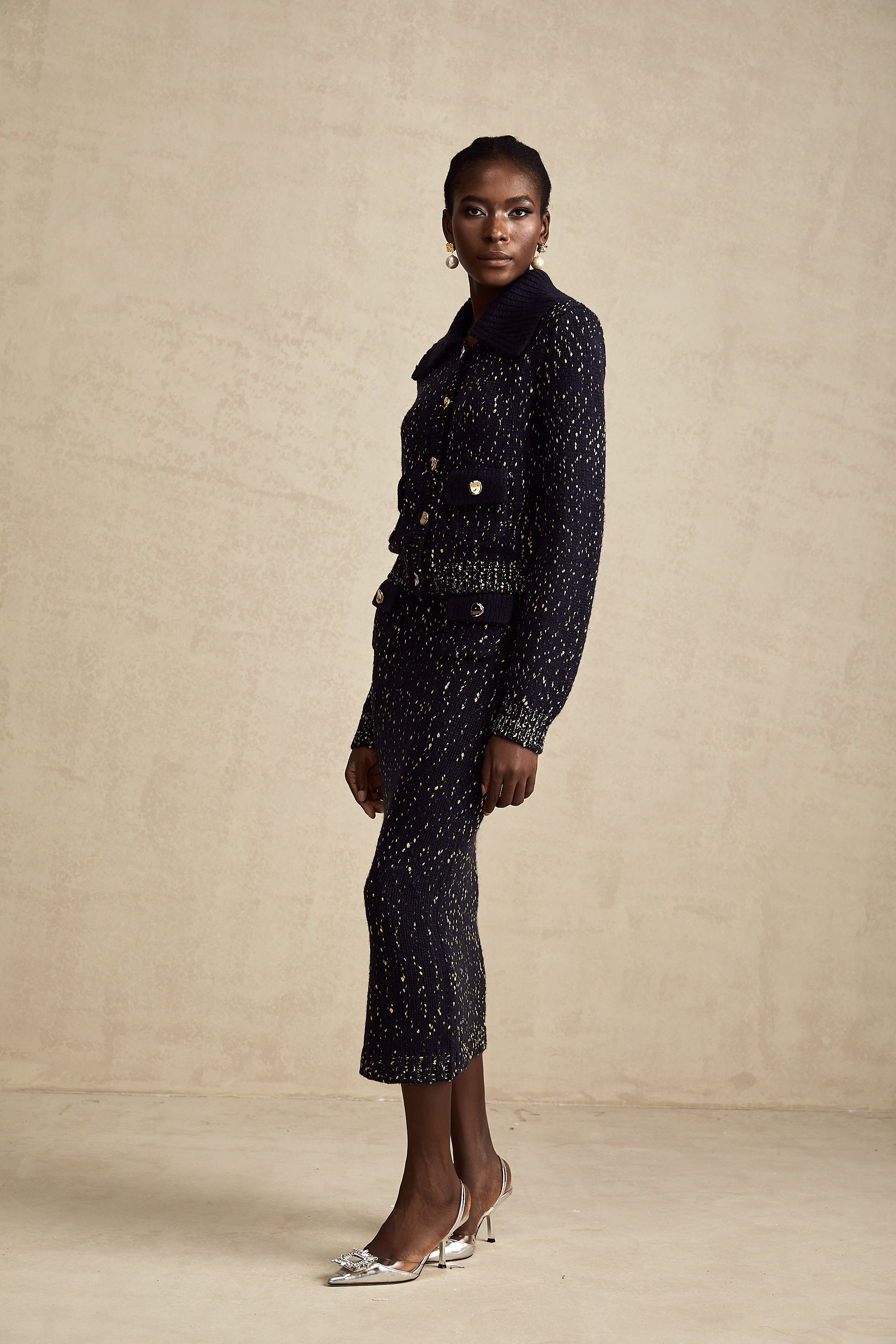 Claudine navy crochet-knit jacket & skirt matching set