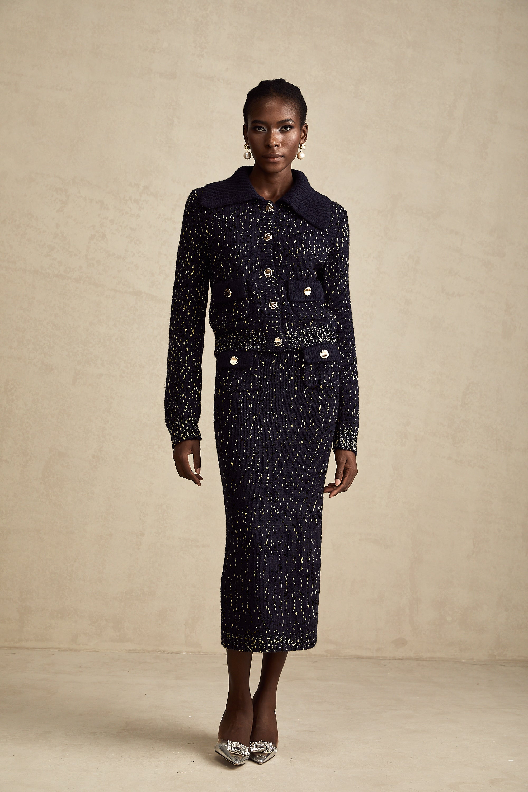 Claudine navy crochet-knit jacket & skirt matching set